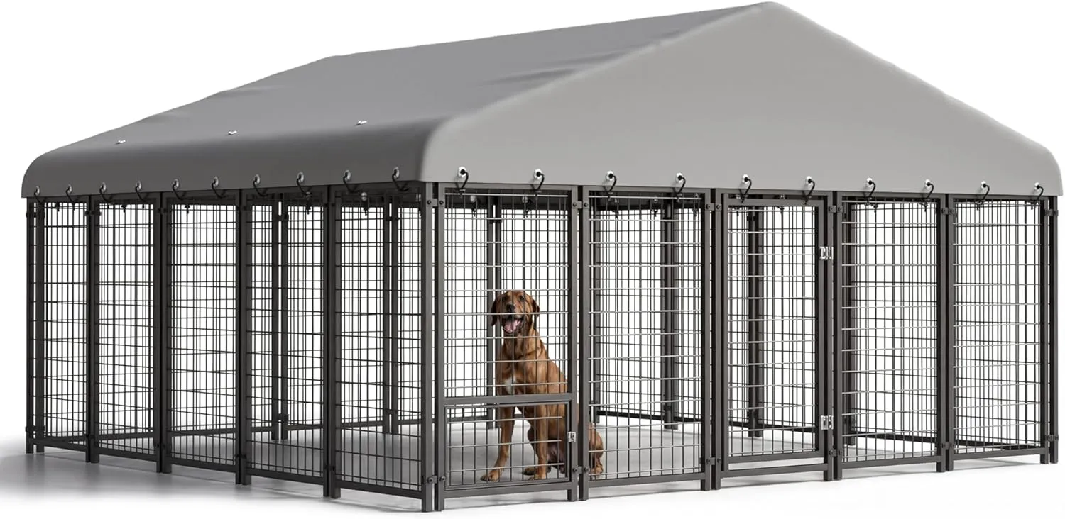 10X10FT Large Dog Kennel Outside Heavy-Duty Outdoor Dog Cage with Roof and Double Lock - Spacious, Durable Dog Crate Ideal for Pets with Feeding