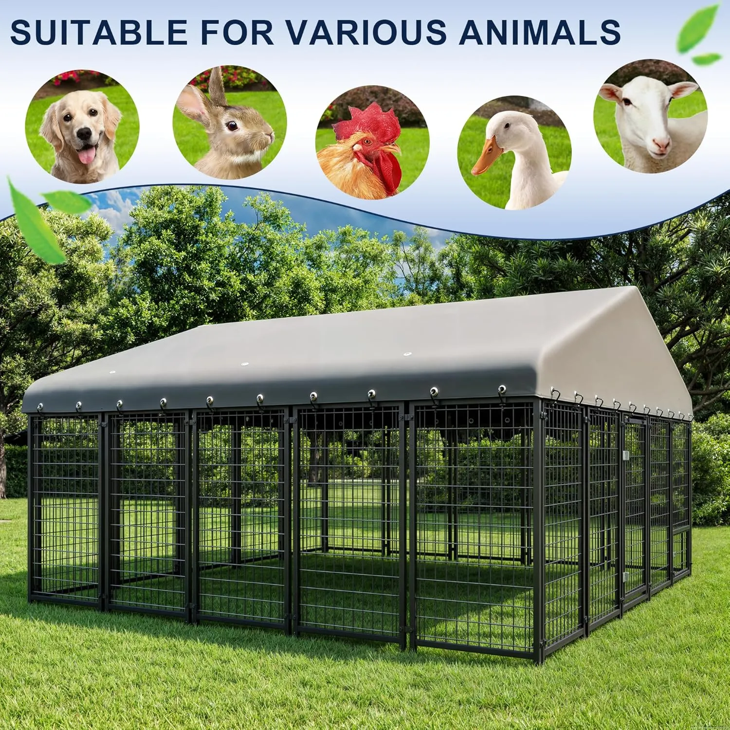 10X10FT Large Dog Kennel Outside Heavy-Duty Outdoor Dog Cage with Roof and Double Lock - Spacious, Durable Dog Crate Ideal for Pets with Feeding