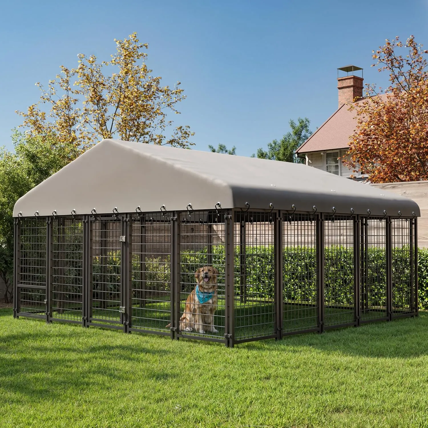 10X10FT Large Dog Kennel Outside Heavy-Duty Outdoor Dog Cage with Roof and Double Lock - Spacious, Durable Dog Crate Ideal for Pets with Feeding