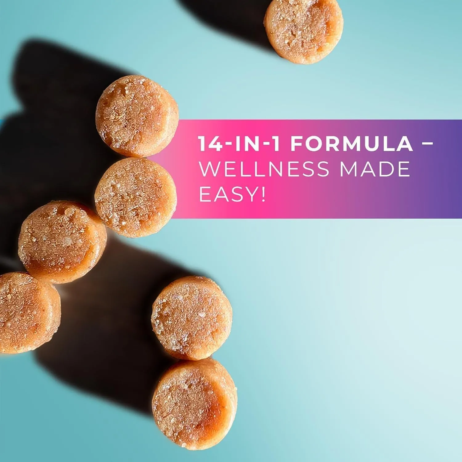 14-in-1 Multivitamin Treats for Dogs - PhD Endorsed 8 Vitamins, Biotin, Probiotics, Glucosamine - Daily Wellness, Immunity, Skin & Coat, Mobility 140 Treats - Beef Flavor - Made in USA