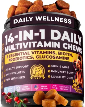 14-in-1 Multivitamin Treats for Dogs - PhD Endorsed 8 Vitamins, Biotin, Probiotics, Glucosamine - Daily Wellness, Immunity, Skin & Coat, Mobility 140 Treats - Beef Flavor - Made in USA
