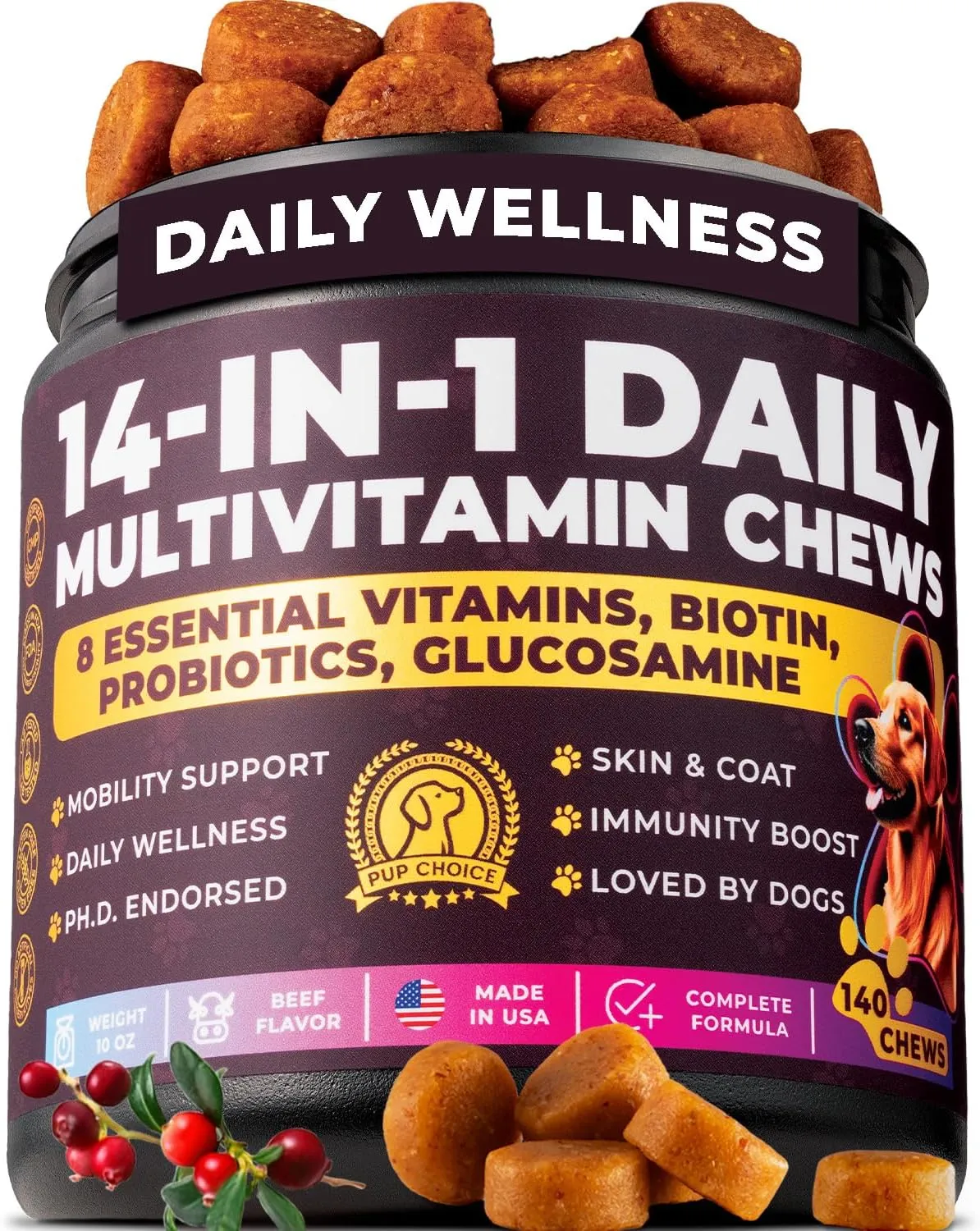 14-in-1 Multivitamin Treats for Dogs - PhD Endorsed 8 Vitamins, Biotin, Probiotics, Glucosamine - Daily Wellness, Immunity, Skin & Coat, Mobility 140 Treats - Beef Flavor - Made in USA