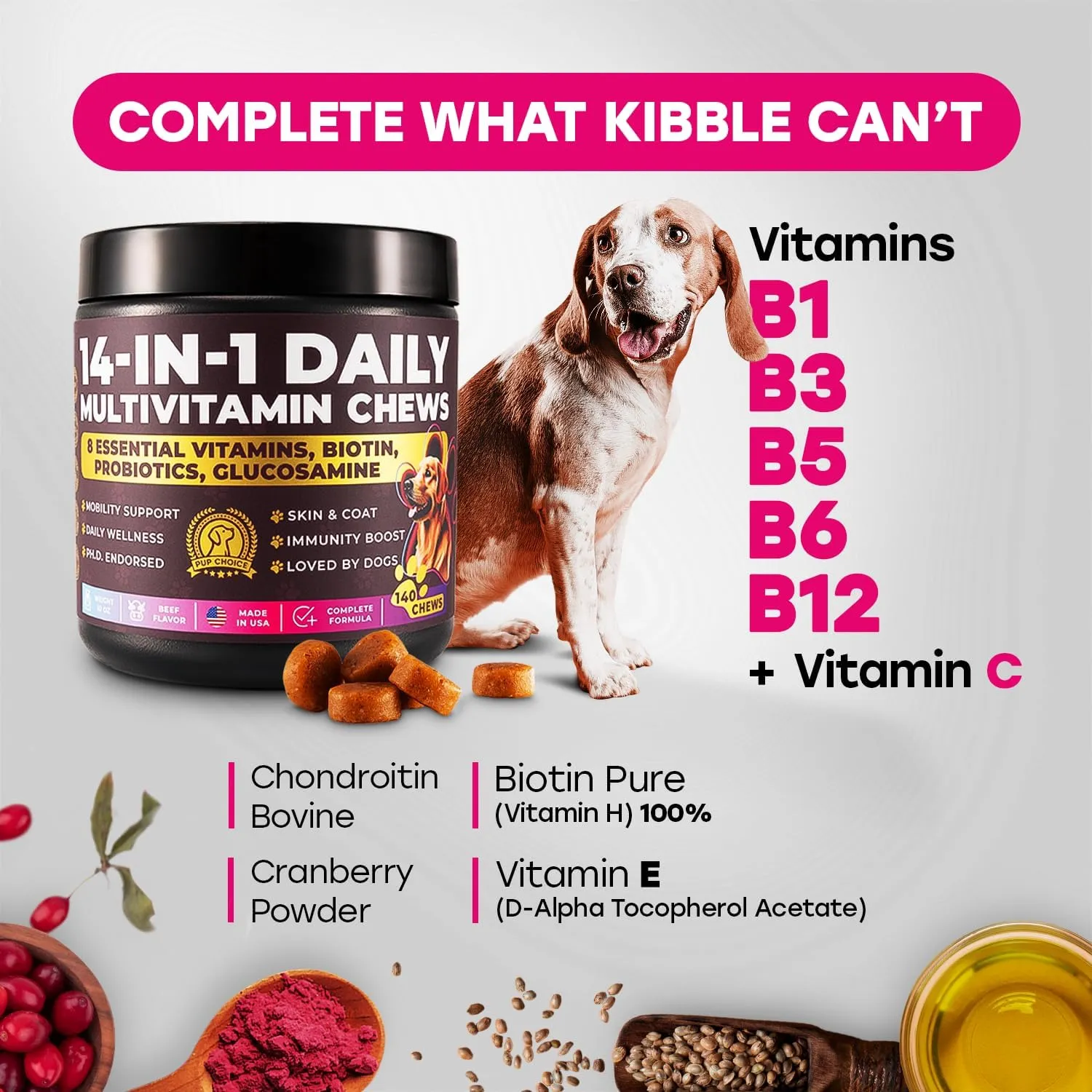 14-in-1 Multivitamin Treats for Dogs - PhD Endorsed 8 Vitamins, Biotin, Probiotics, Glucosamine - Daily Wellness, Immunity, Skin & Coat, Mobility 140 Treats - Beef Flavor - Made in USA