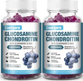 2 Pack 3000mg Glucosamine Chondroitin with MSM Gummies & Elderberry, Extra Strength Joint Support Health, Flexibility, Antioxidant, Immune Supplement Gummy for Adults, Men & Women 120 Counts