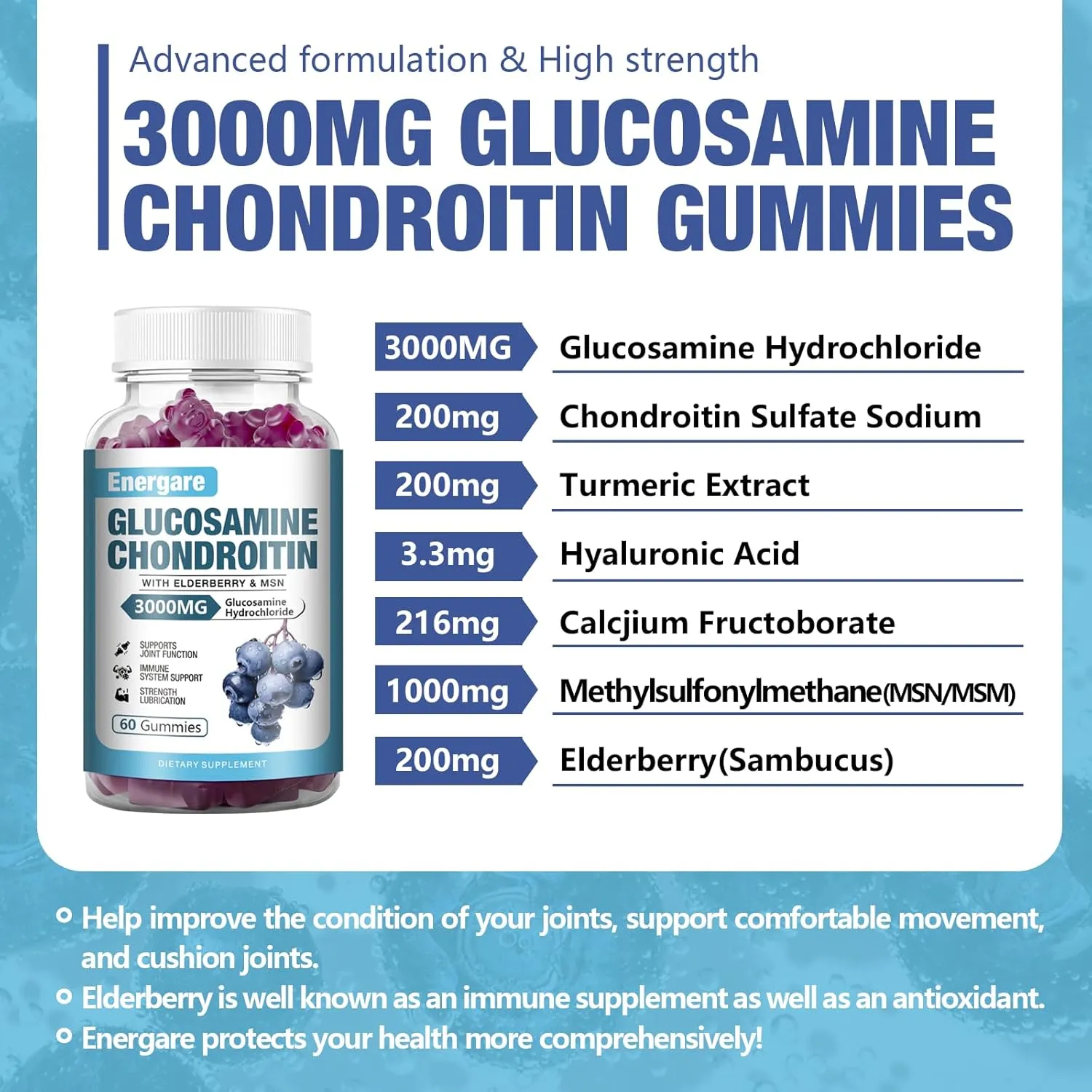 2 Pack 3000mg Glucosamine Chondroitin with MSM Gummies & Elderberry, Extra Strength Joint Support Health, Flexibility, Antioxidant, Immune Supplement Gummy for Adults, Men & Women 120 Counts