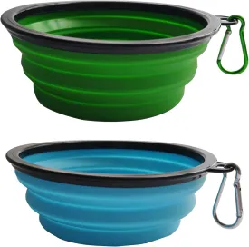 2 Pack Collapsible Dog Bowls for Cats Dogs, Portable Water Bowl for Dog, Pet Feeding Cup Dish for Outdoor, Travel, Walking, Parking 2 Carabiners (MediumGreen&Blue)