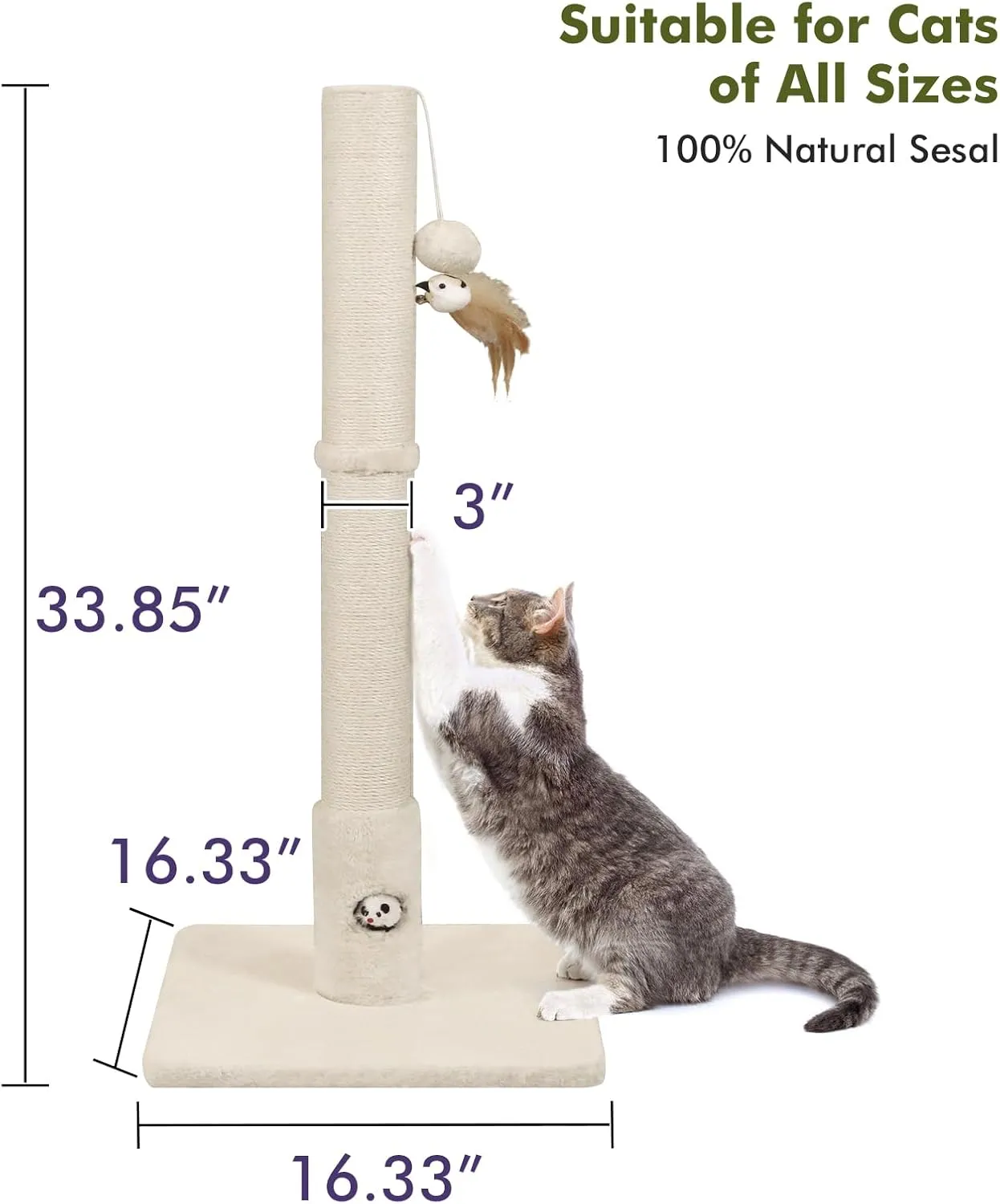 34 Tall Cat Scratching Post with Premium Sisal Rope for Indoor Scratcher Post Tree for Indoor Cat Toy with Mouse Hole, Hanging Ball for Adult Cats and Kittens(Beige)