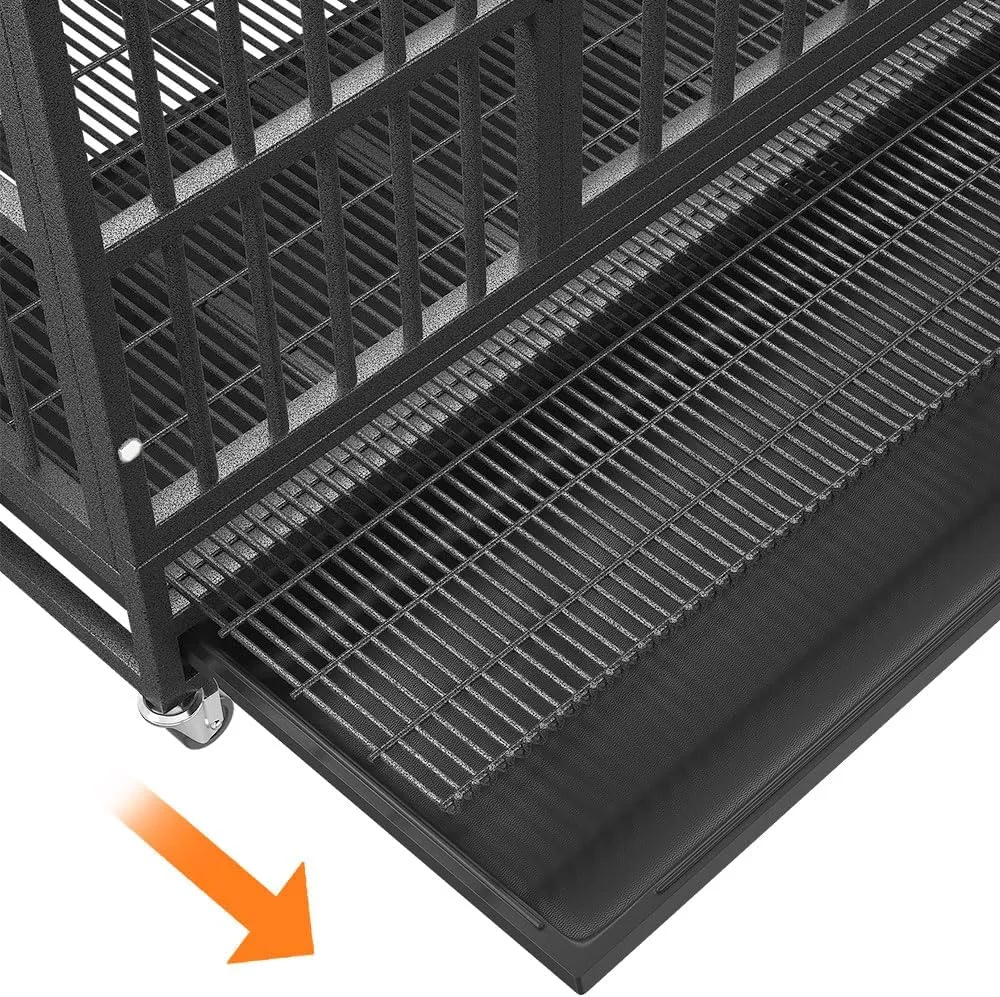54/48/42/38 Inch Heavy Duty Dog Crate Cage with Wheels, Indestructible and Escape Proof Steel Kennel Indoor for High Anxiety Dogs with Sturdy Locks, Double Door and Tray, Extra Large XL XXL
