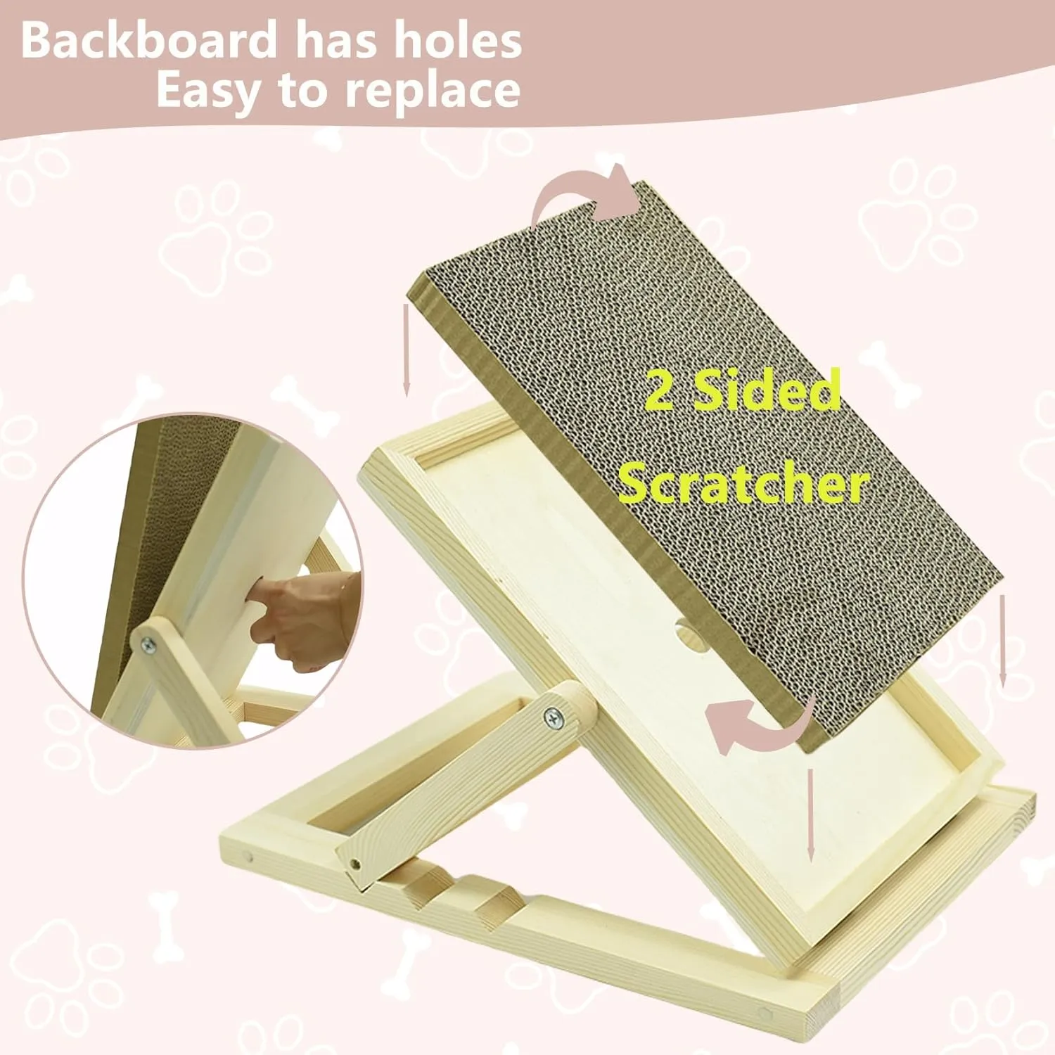 Adjustable Wooden Cat Scratcher Pad, Cardboard Cat Scratching Ramp for Indoor Cats, Wooden Folding Portable Cat Scratcher.Cardboard-1pc,US