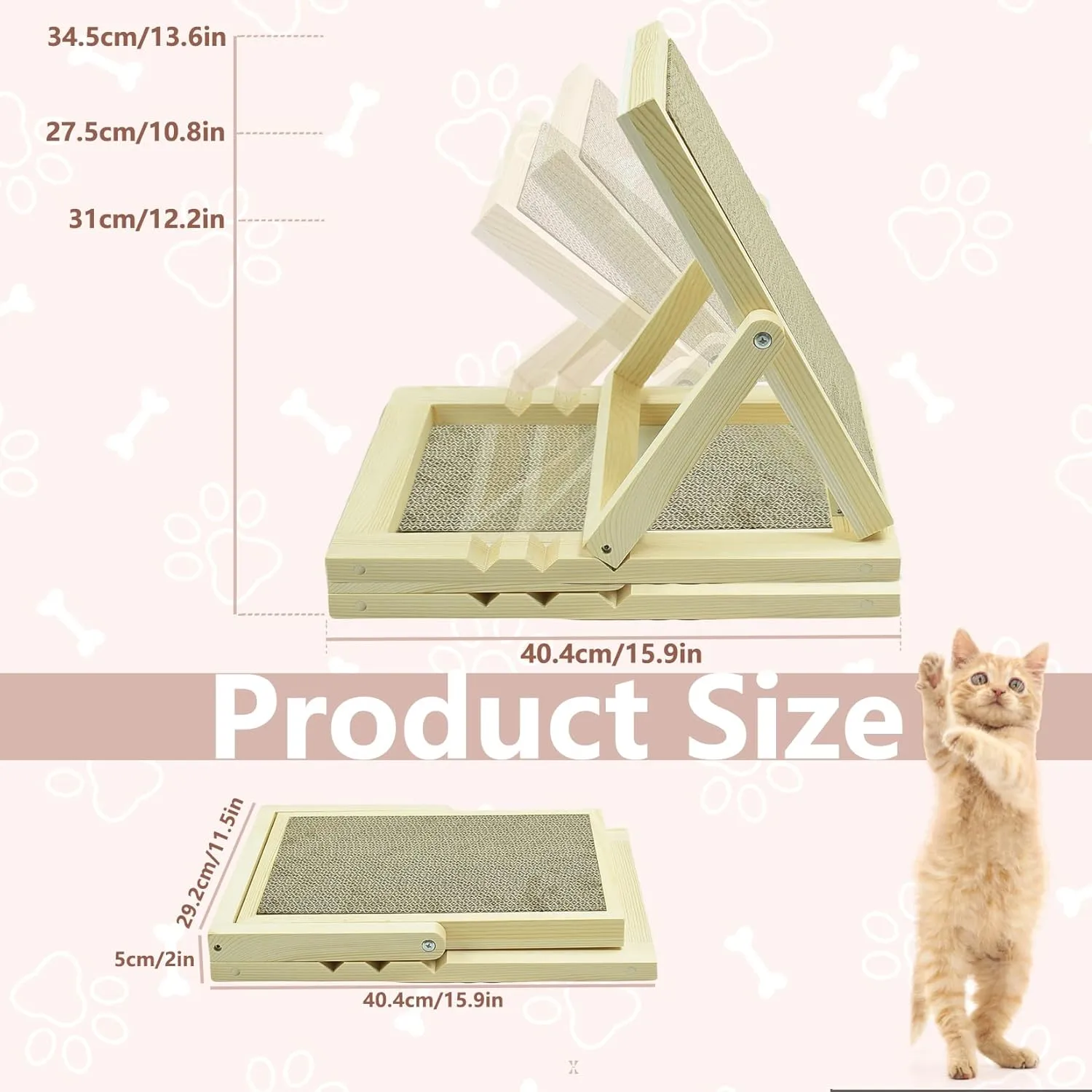 Adjustable Wooden Cat Scratcher Pad, Cardboard Cat Scratching Ramp for Indoor Cats, Wooden Folding Portable Cat Scratcher.Cardboard-1pc,US