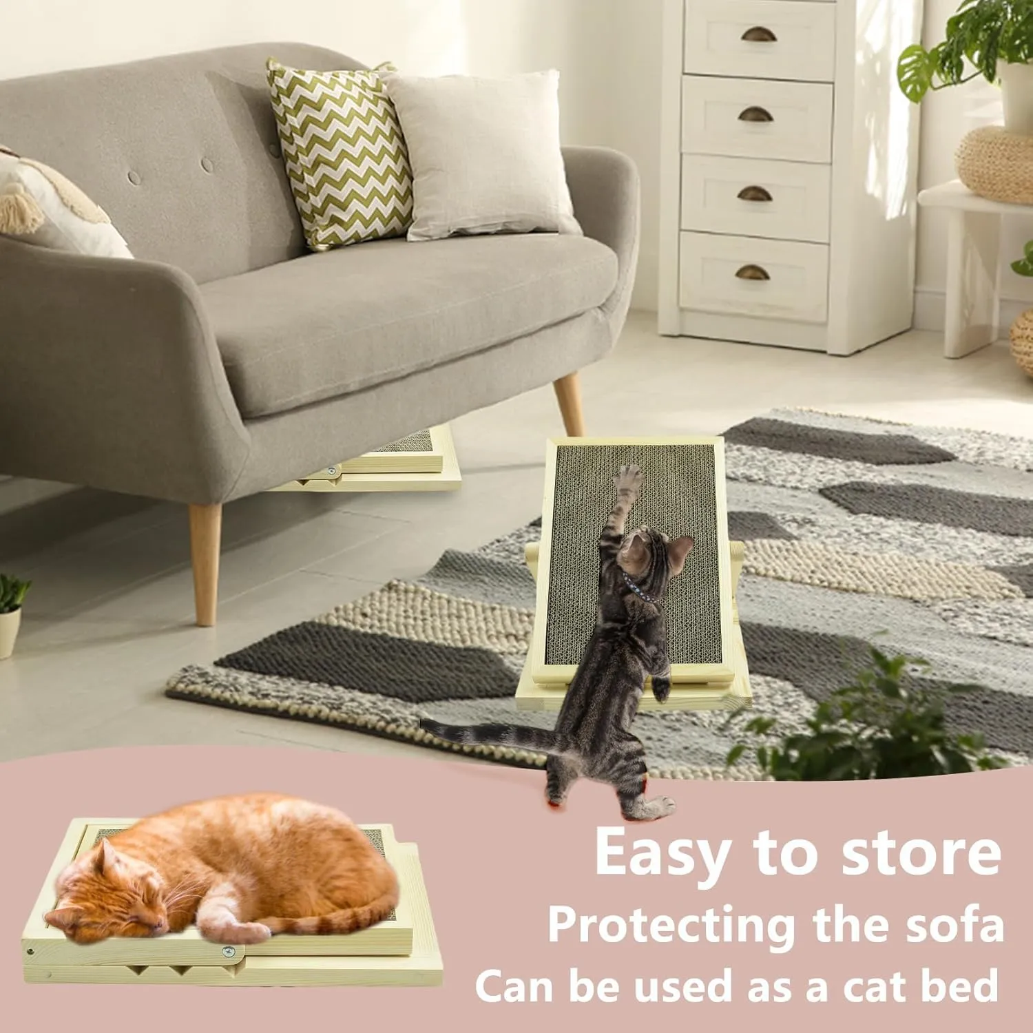 Adjustable Wooden Cat Scratcher Pad, Cardboard Cat Scratching Ramp for Indoor Cats, Wooden Folding Portable Cat Scratcher.Cardboard-1pc,US