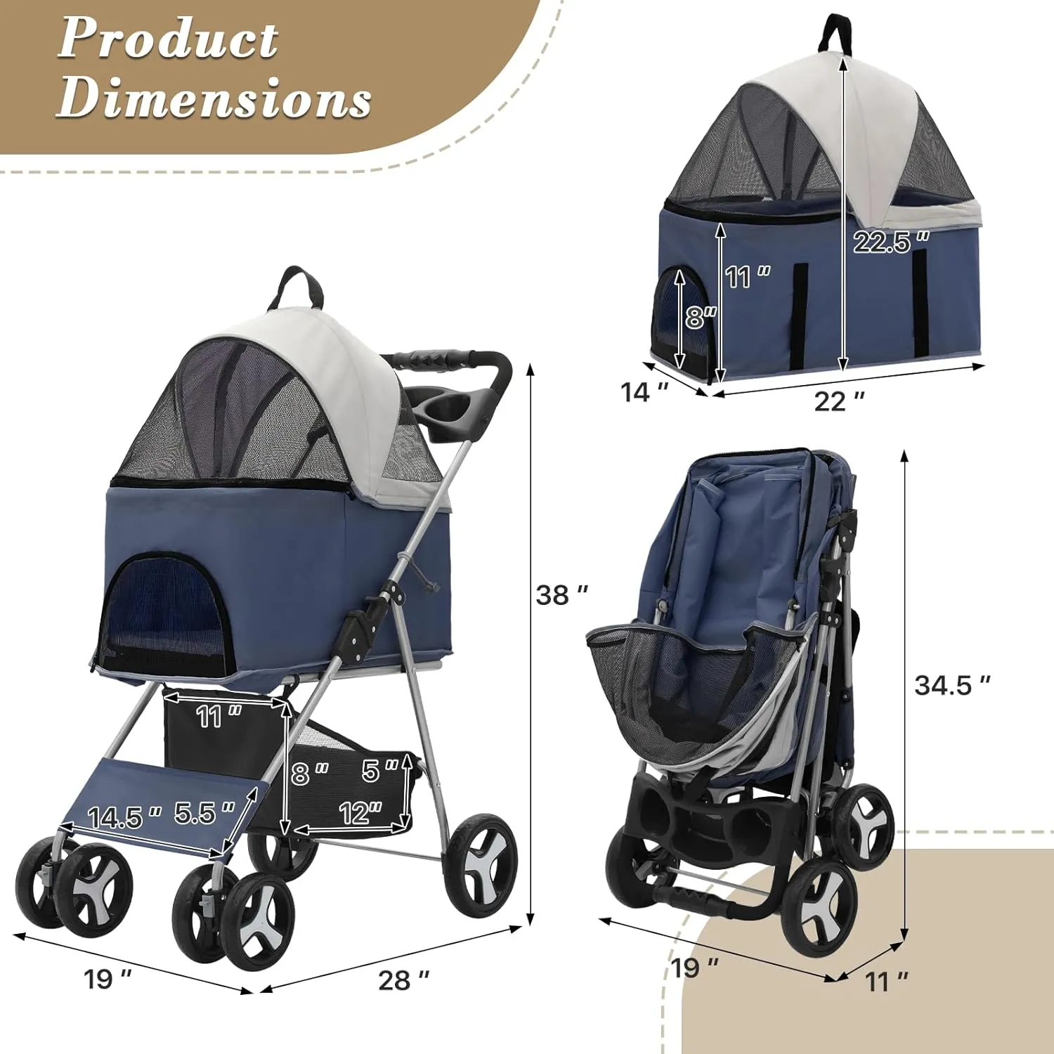 Athena Collection 4-Wheel Pet Stroller for Medium Dogs & Cats - Detachable Carrier, Cup Holder, Bottom Storage - Navy Black