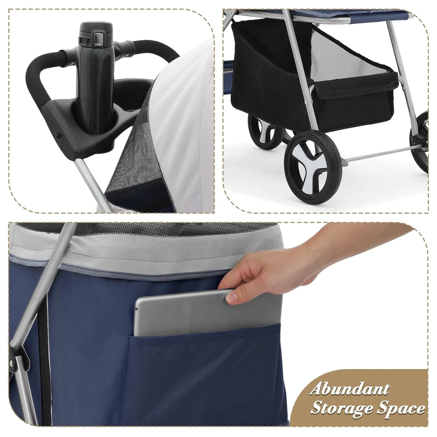Athena Collection 4-Wheel Pet Stroller for Medium Dogs & Cats - Detachable Carrier, Cup Holder, Bottom Storage - Navy Black