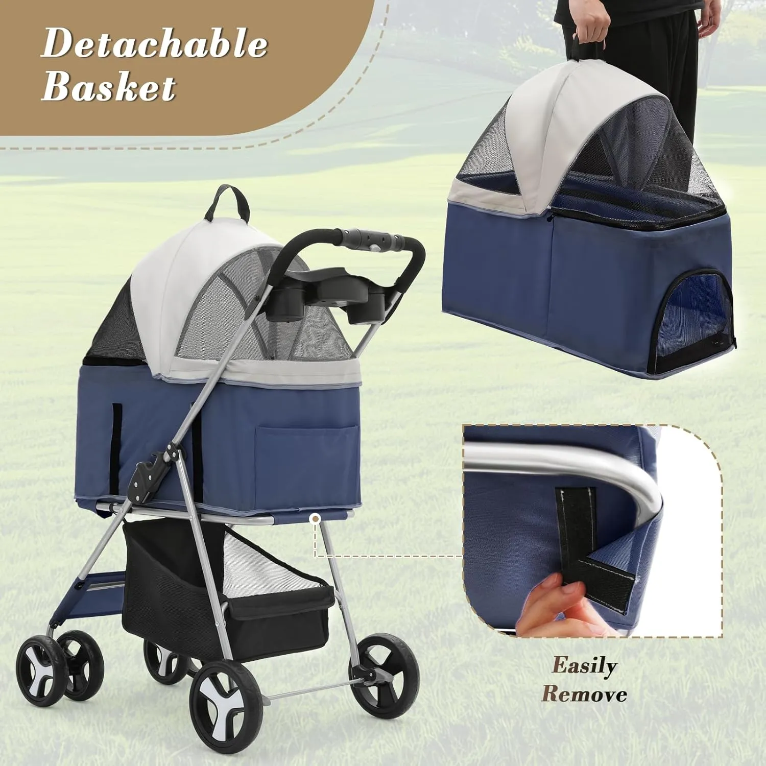 Athena Collection 4-Wheel Pet Stroller for Medium Dogs & Cats - Detachable Carrier, Cup Holder, Bottom Storage - Navy Black