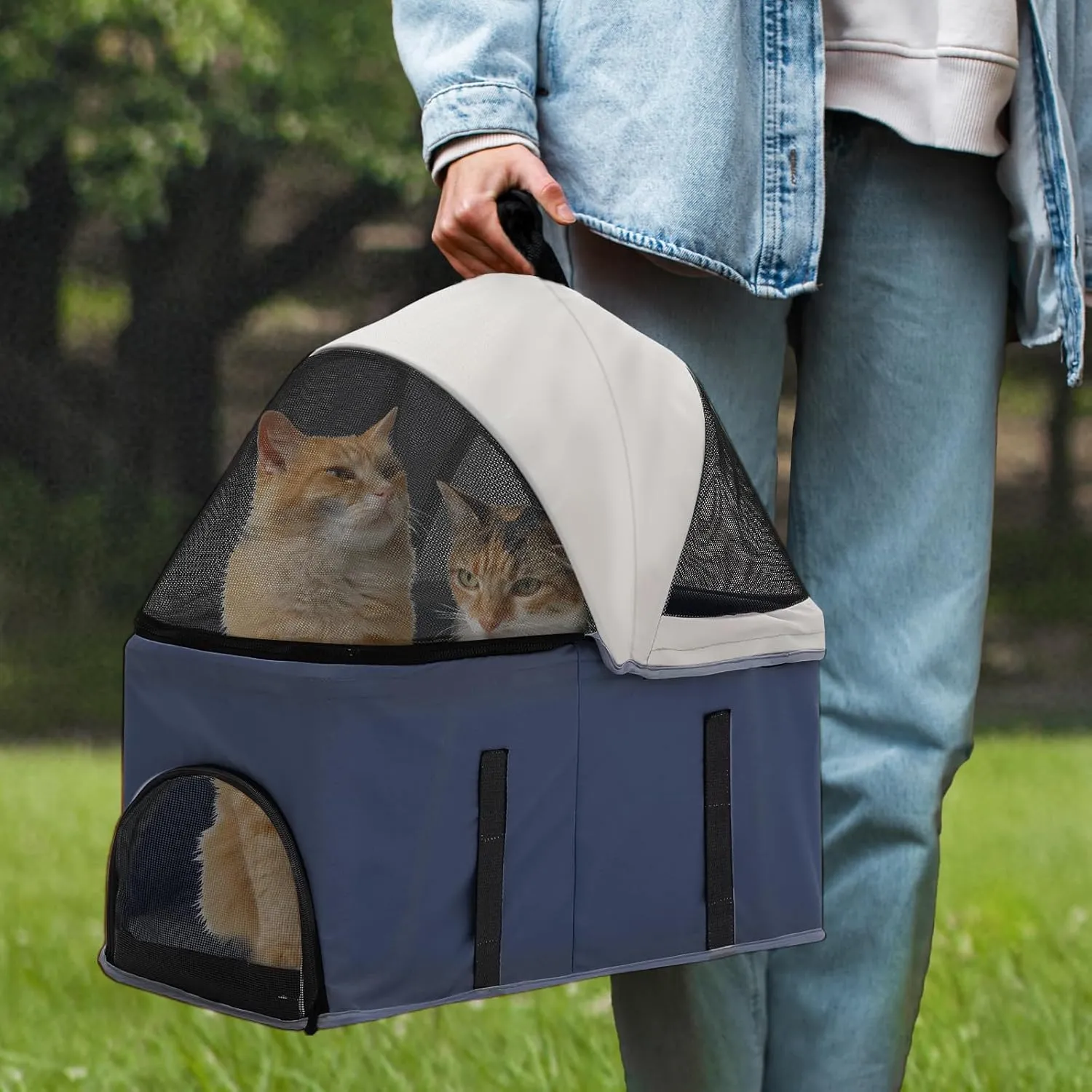 Athena Collection 4-Wheel Pet Stroller for Medium Dogs & Cats - Detachable Carrier, Cup Holder, Bottom Storage - Navy Black