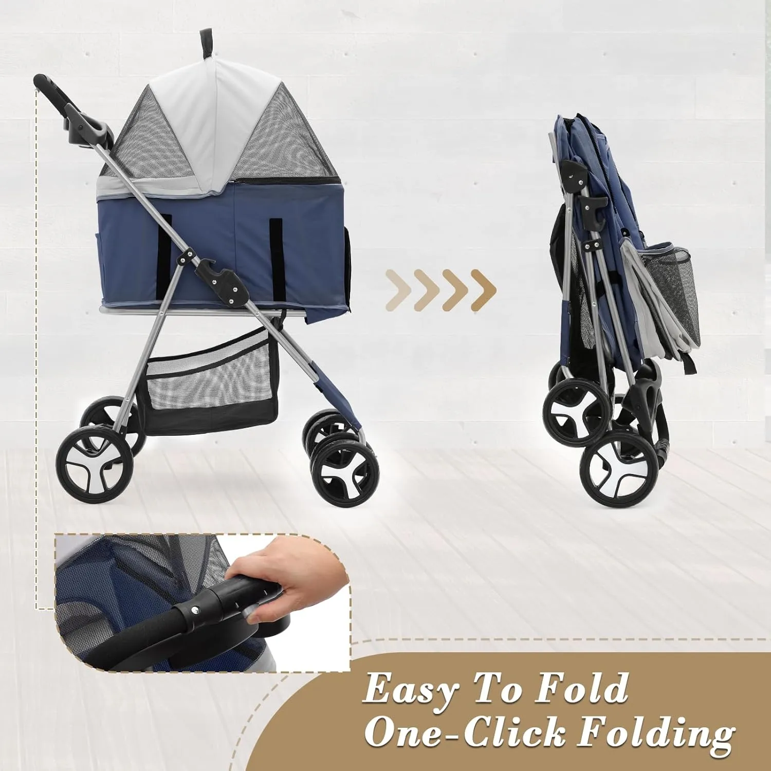 Athena Collection 4-Wheel Pet Stroller for Medium Dogs & Cats - Detachable Carrier, Cup Holder, Bottom Storage - Navy Black