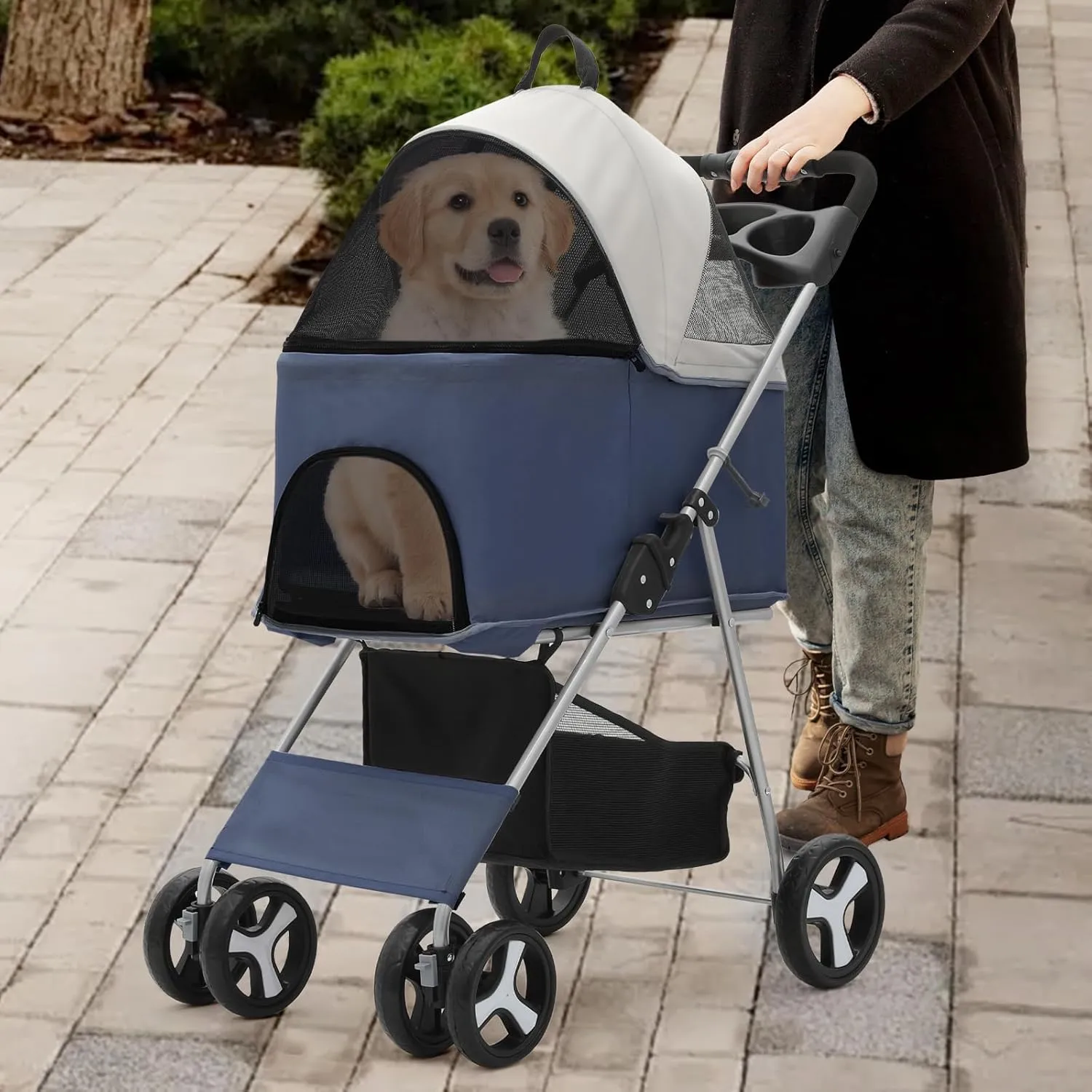 Athena Collection 4-Wheel Pet Stroller for Medium Dogs & Cats - Detachable Carrier, Cup Holder, Bottom Storage - Navy Black