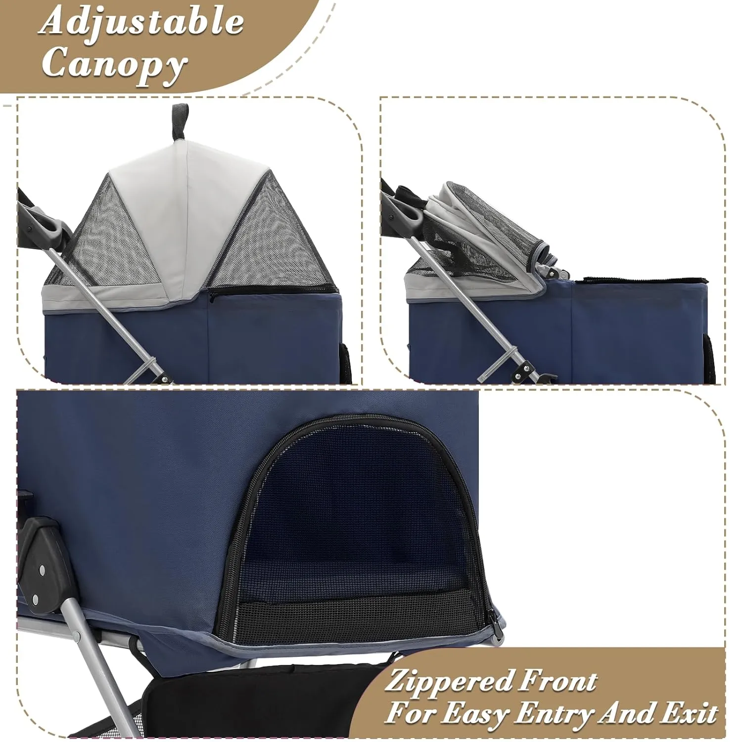 Athena Collection 4-Wheel Pet Stroller for Medium Dogs & Cats - Detachable Carrier, Cup Holder, Bottom Storage - Navy Black