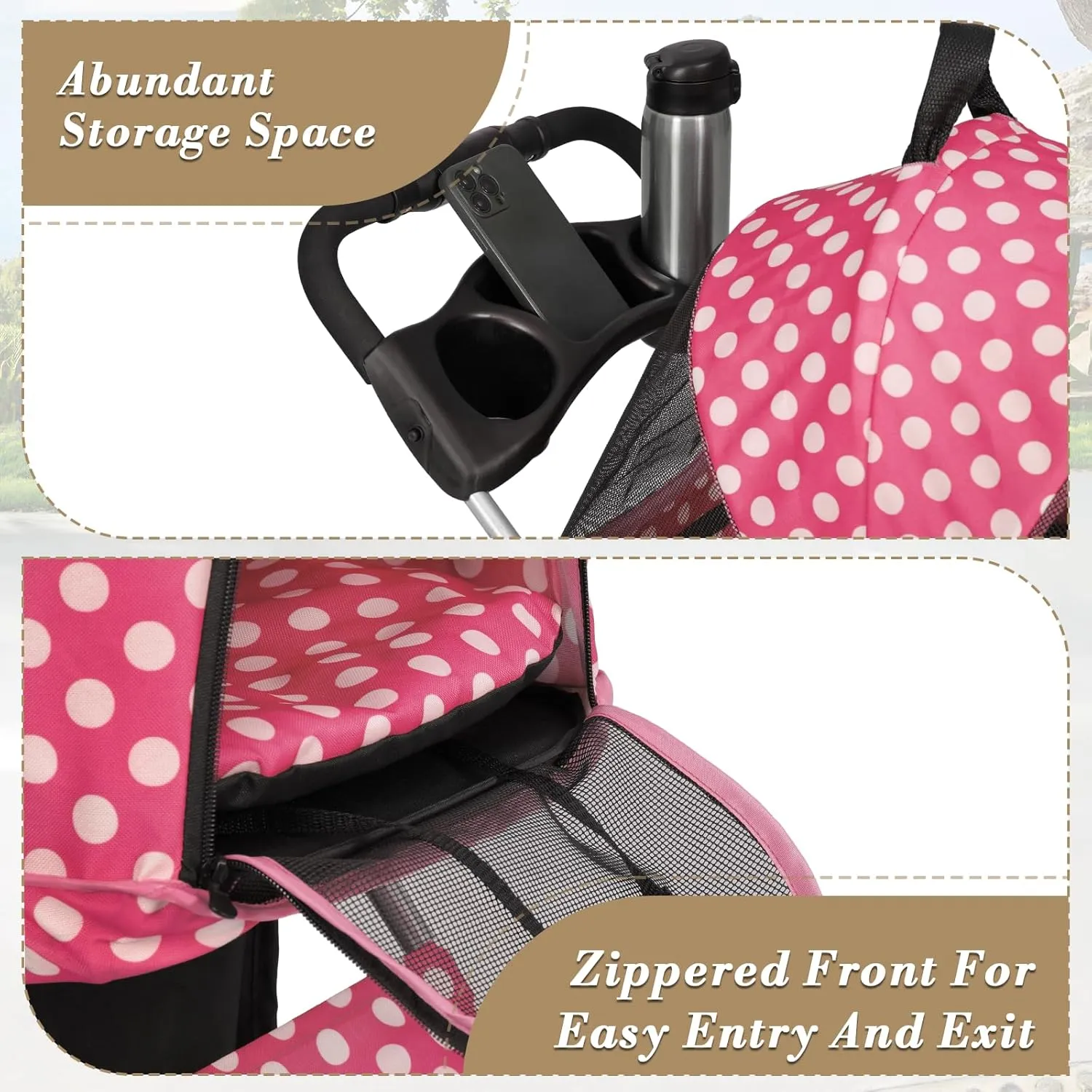 Athena collection Pet Stroller for Small/Medium Dogs and Cats,3 in 1 Foldable Dog Stroller with Removable Carrier up to 33lbs(Hot Pink Polka Dots)