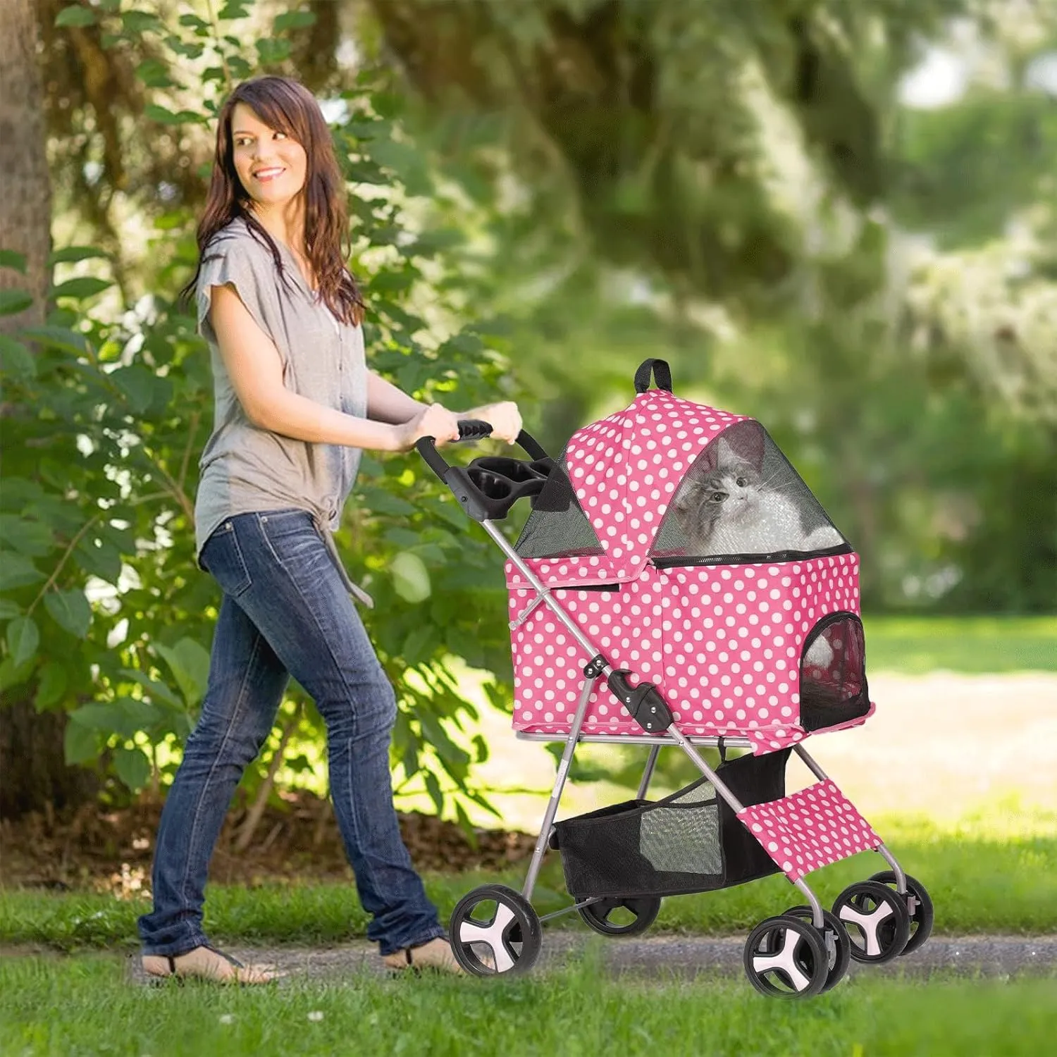 Athena collection Pet Stroller for Small/Medium Dogs and Cats,3 in 1 Foldable Dog Stroller with Removable Carrier up to 33lbs(Hot Pink Polka Dots)