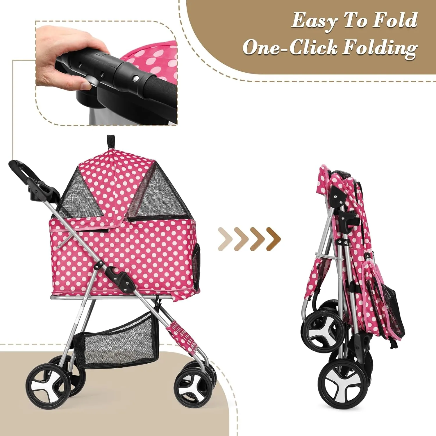 Athena collection Pet Stroller for Small/Medium Dogs and Cats,3 in 1 Foldable Dog Stroller with Removable Carrier up to 33lbs(Hot Pink Polka Dots)