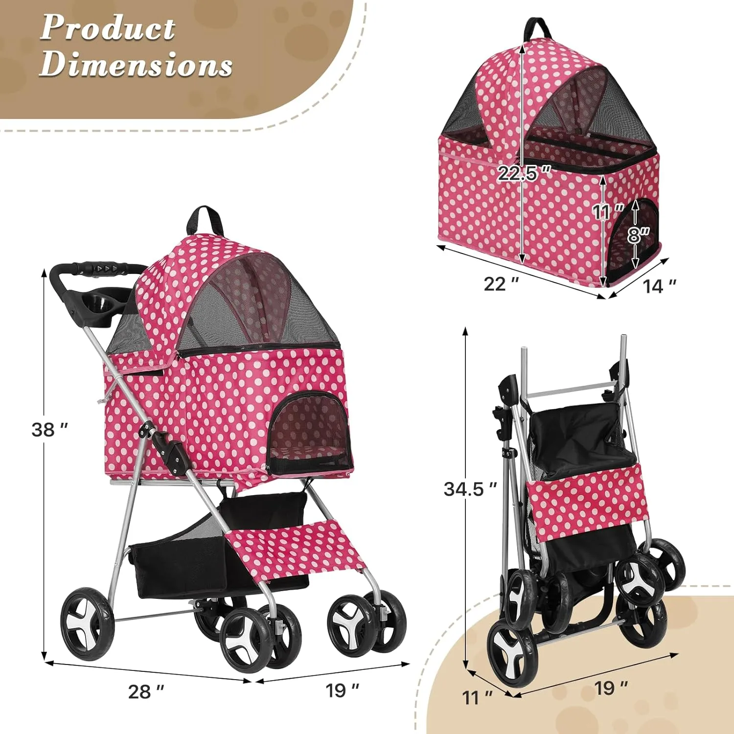Athena collection Pet Stroller for Small/Medium Dogs and Cats,3 in 1 Foldable Dog Stroller with Removable Carrier up to 33lbs(Hot Pink Polka Dots)