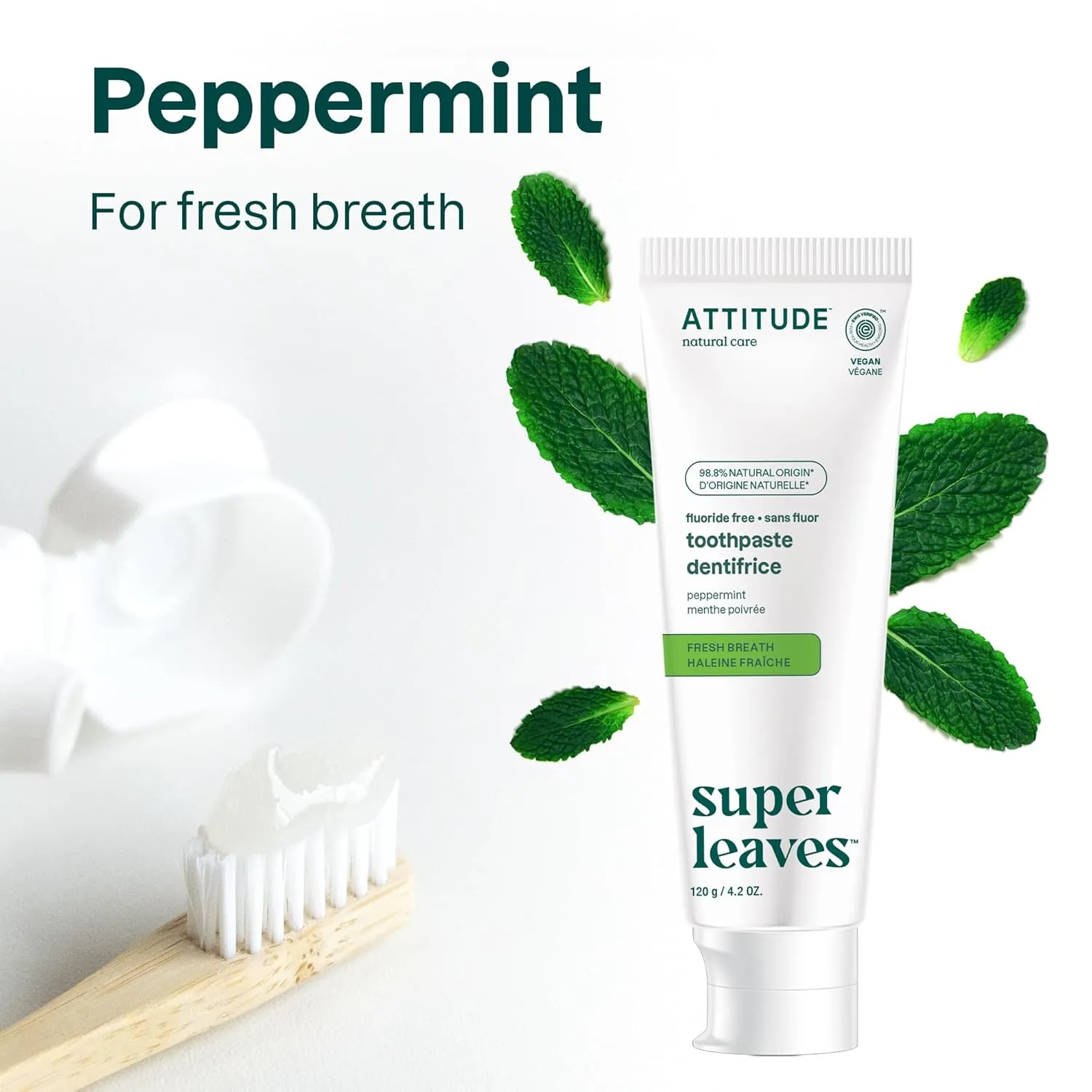 ATTITUDE Fluoride-Free Toothpaste, Plant- and Mineral-Based Ingredients, Vegan, Cruelty-Free and Sugar-Free, Fresh Breath, Peppermint, 4.2 Oz