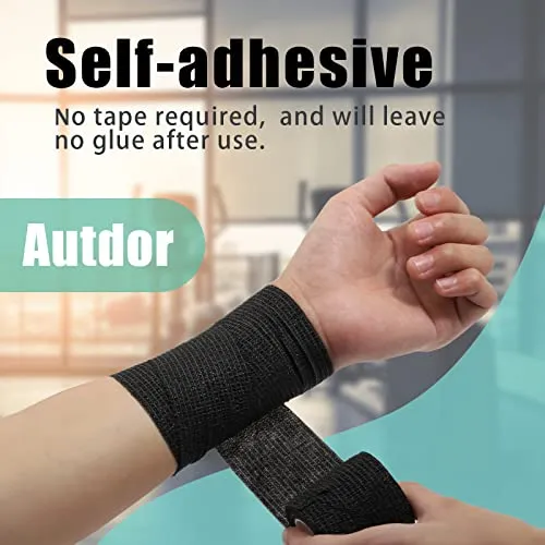 Autdor Tattoo Grip Cover Wrap - 12Pcs 2" x 5 Yards Disposable Cohesive Tattoo Grip Tape Wrap Black Elastic Bandage Rolls Self-Adherent Tape for Tattoo Machine Grip Tube, Sports Tape