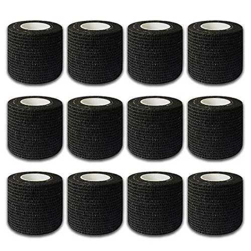 Autdor Tattoo Grip Cover Wrap - 12Pcs 2" x 5 Yards Disposable Cohesive Tattoo Grip Tape Wrap Black Elastic Bandage Rolls Self-Adherent Tape for Tattoo Machine Grip Tube, Sports Tape