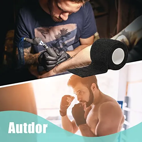 Autdor Tattoo Grip Cover Wrap - 12Pcs 2" x 5 Yards Disposable Cohesive Tattoo Grip Tape Wrap Black Elastic Bandage Rolls Self-Adherent Tape for Tattoo Machine Grip Tube, Sports Tape