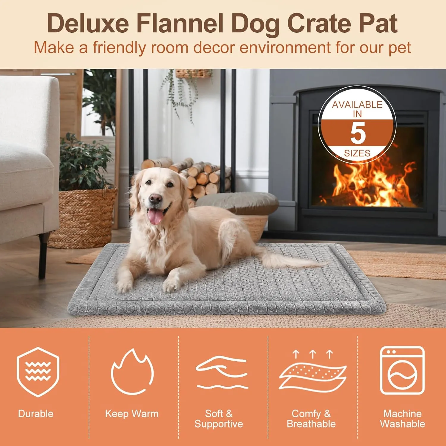 BEAUTYZOO Dog Bed Crate Mat Washable, Dog Kennel Pad for Small Dogs, Anti-Slip Soft Fluffy Puppy Sleeping Mattress for Cages, Durable Cozy Pet Travel Car Bed 24 x 18 Inch, Gray Wheat