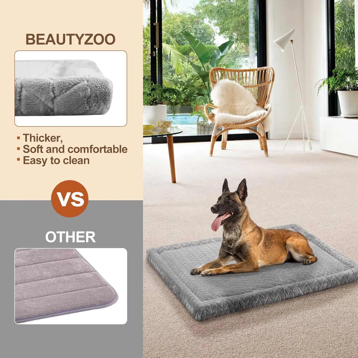 BEAUTYZOO Dog Bed Crate Mat Washable, Dog Kennel Pad for Small Dogs, Anti-Slip Soft Fluffy Puppy Sleeping Mattress for Cages, Durable Cozy Pet Travel Car Bed 24 x 18 Inch, Gray Wheat