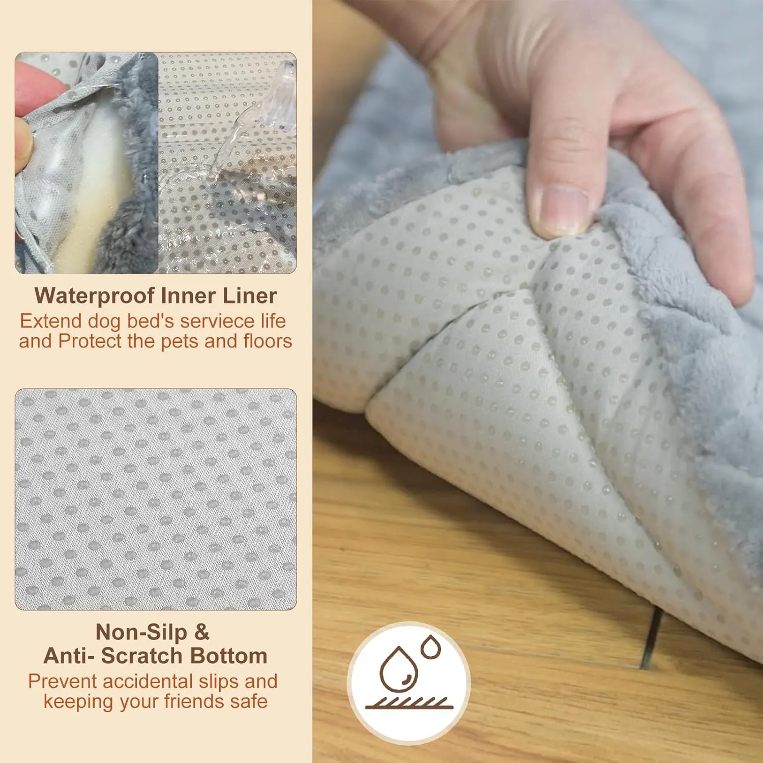 BEAUTYZOO Dog Bed Crate Mat Washable, Dog Kennel Pad for Small Dogs, Anti-Slip Soft Fluffy Puppy Sleeping Mattress for Cages, Durable Cozy Pet Travel Car Bed 24 x 18 Inch, Gray Wheat