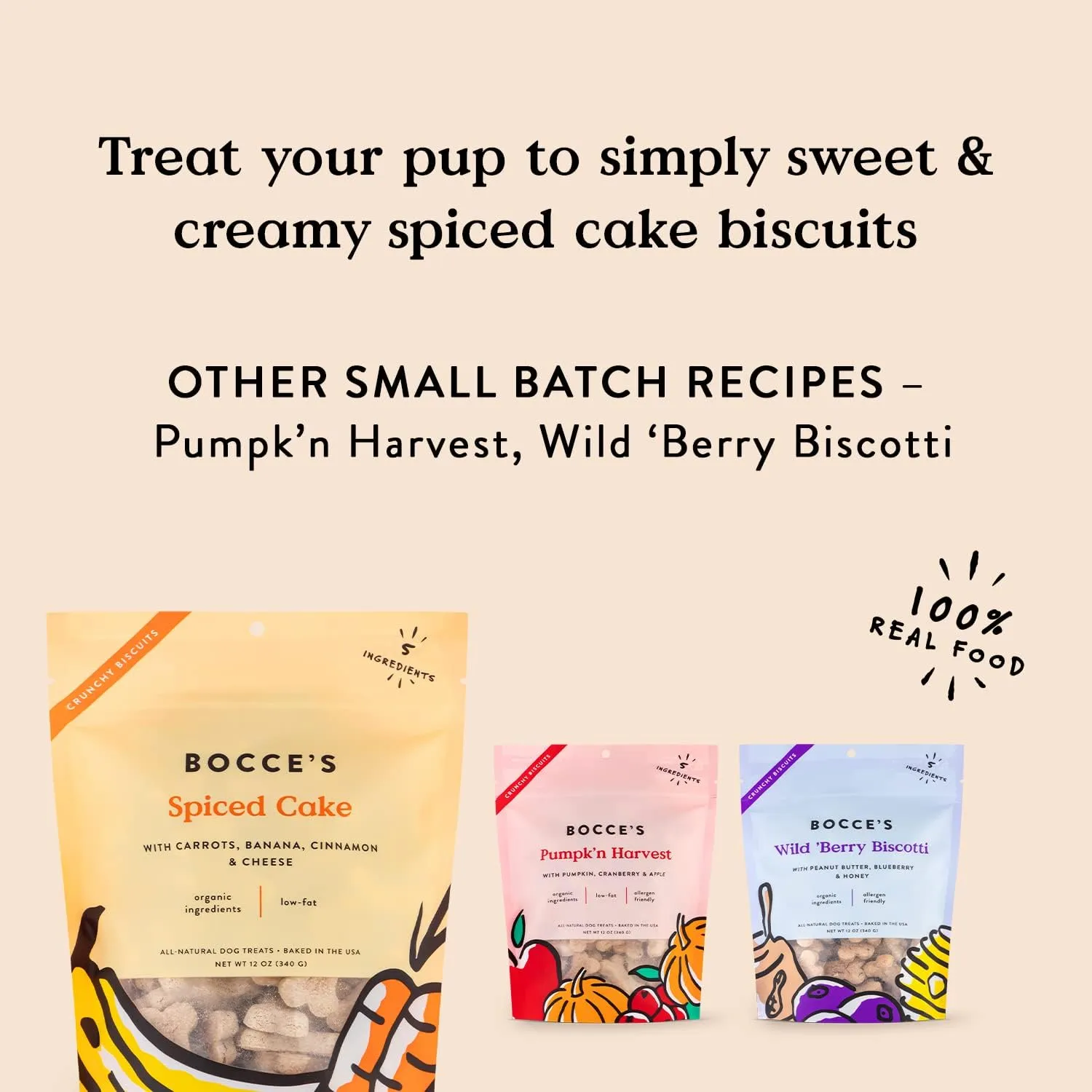 Bocce's Bakery All-Natural, Small Batch, Organic Dog Treats, Spiced Cake Biscuits, Wheat-Free, Limited-Ingredient, Made in The USA with 100% Recyclable Packaging, 12 oz Bag