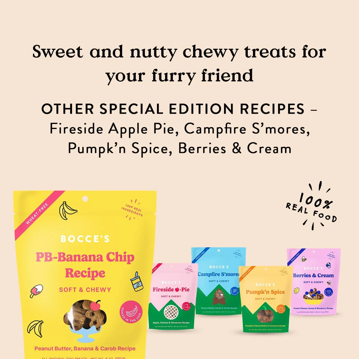 Bocce's Bakery PB Banana Chip Recipe Treats for Dogs, Wheat-Free Everyday Dog Treats, Real Ingredients, Baked in The USA, All-Natural Soft & Chewy Cookies, Peanut Butter, Bananas, & Carob, 6 oz