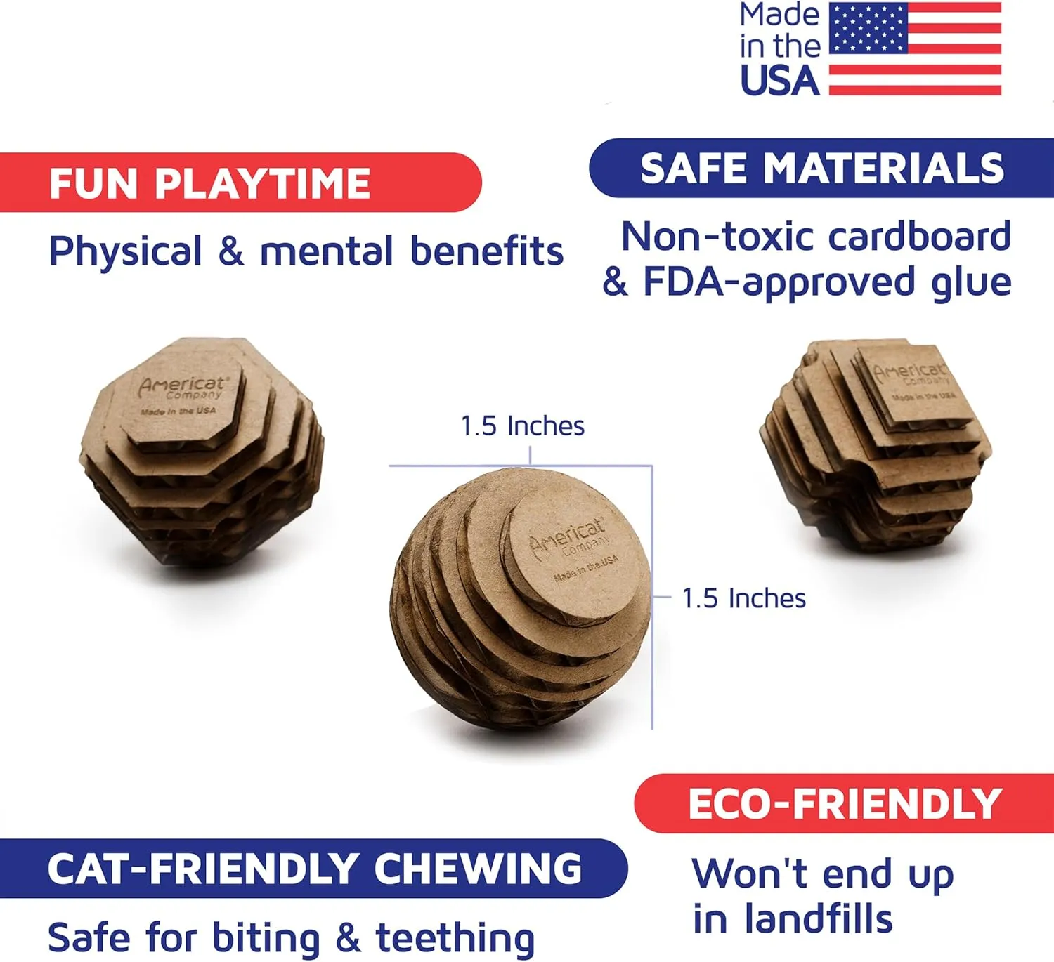 Cat Ball Toys by Americat  Made in USA  Safe Cardboard Cat Toys  for Interactive and Independent Play, Exercise & Stress Relief for All Breeds & Ages (Variety Pack of 3 Balls)