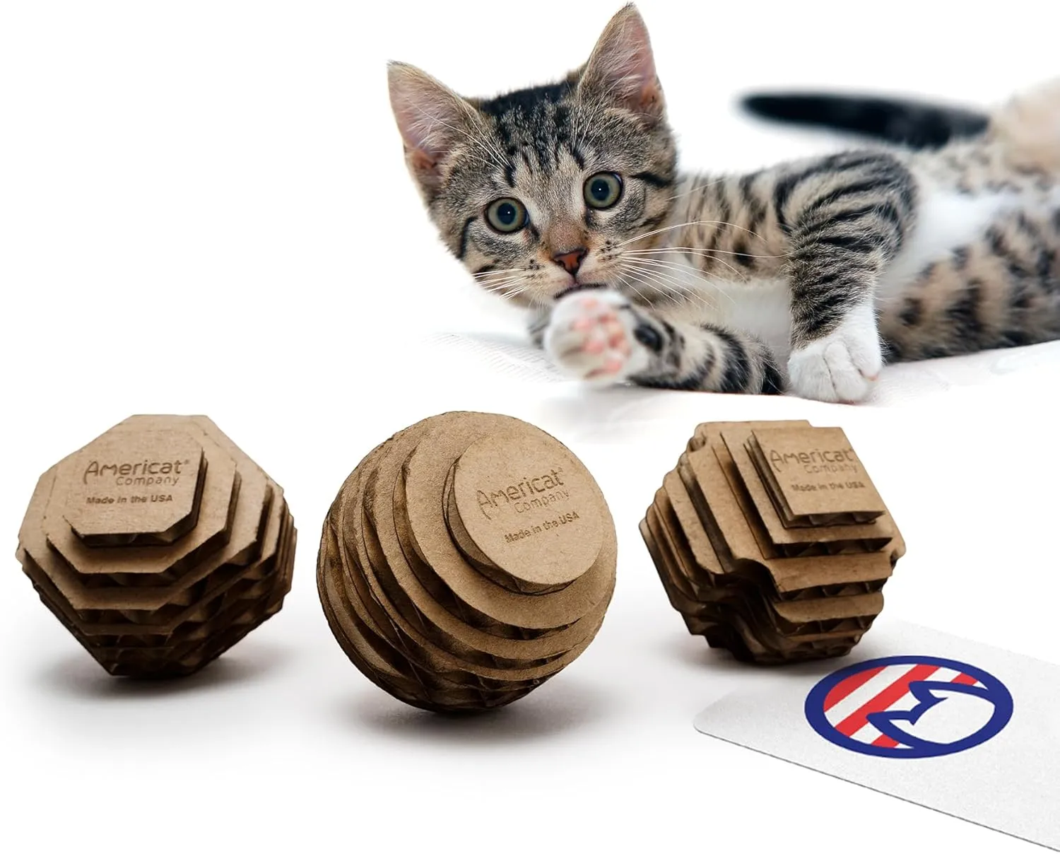 Cat Ball Toys by Americat  Made in USA  Safe Cardboard Cat Toys  for Interactive and Independent Play, Exercise & Stress Relief for All Breeds & Ages (Variety Pack of 3 Balls)