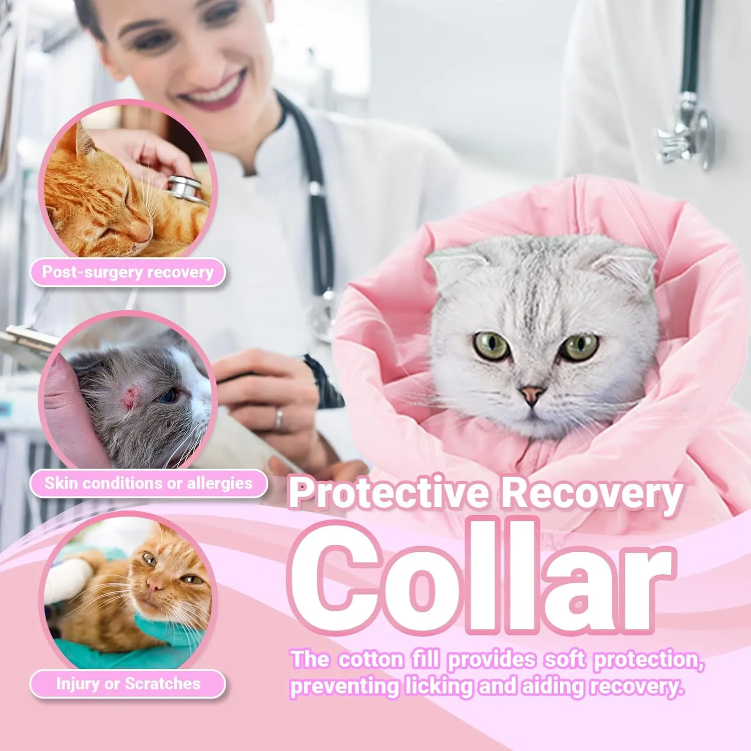 Cat Recovery Collar, Soft Adjustable Cone for Cats and Kittens, Lightweight Waterproof Elizabethan Collar for After-Surgery Care, Prevent Licking and Scratching, Neck Protector for PetsPink,S