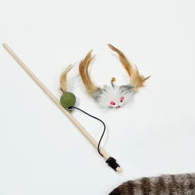 Cat Wand Toy with Catnip Ball, Feathers & Bell - 2 Replaceable Mouse Heads, Elastic Rope & Wooden Handle for Aggressive Kittens, Durable Bite-Proof Interactive Cat Teaser for Indoor Play