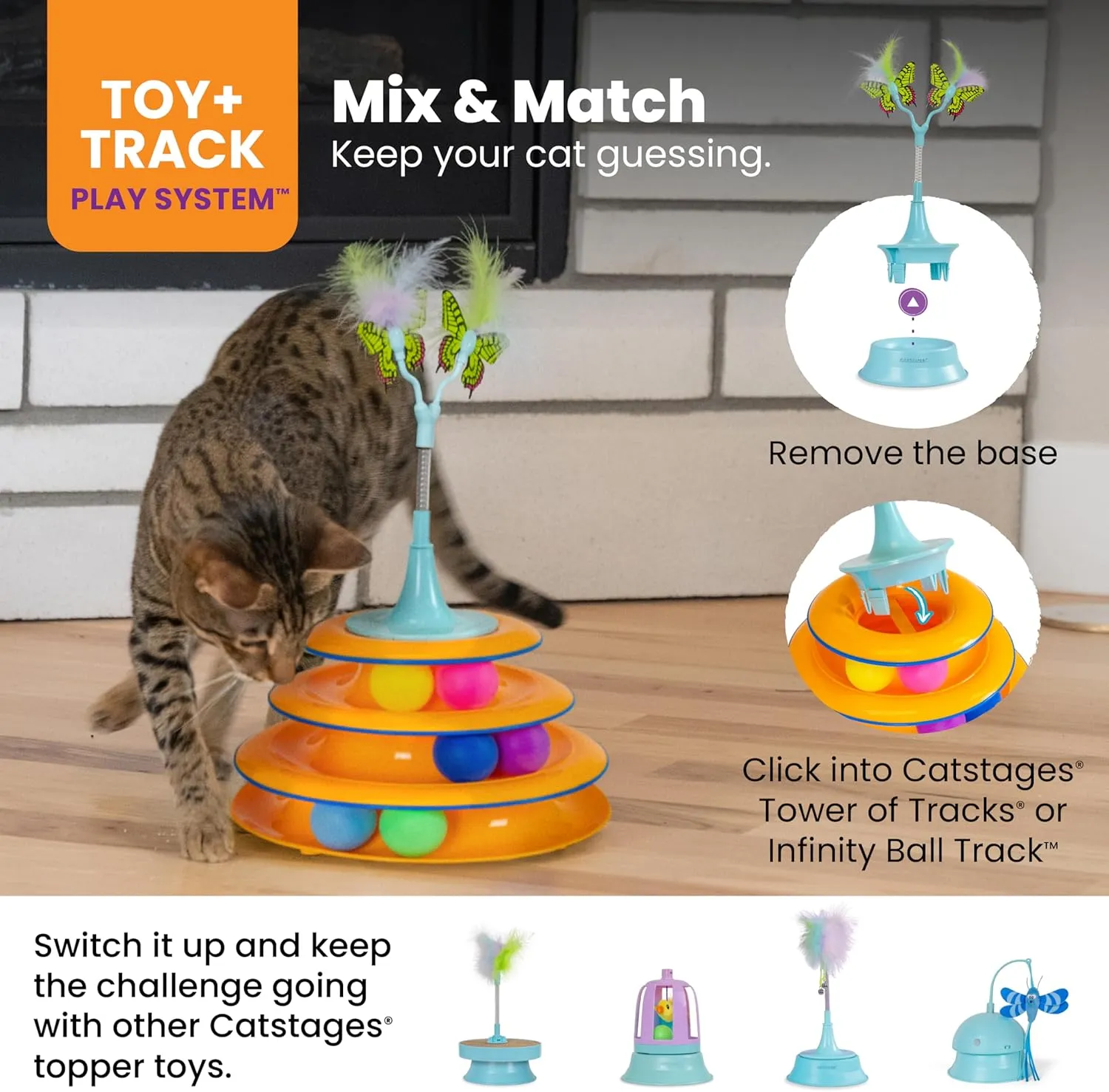 Catstages 2-in-1 Bouncy Flutter Bug Spring Cat Toy  Interactive Standalone or Ball Track Add-On, Blue
