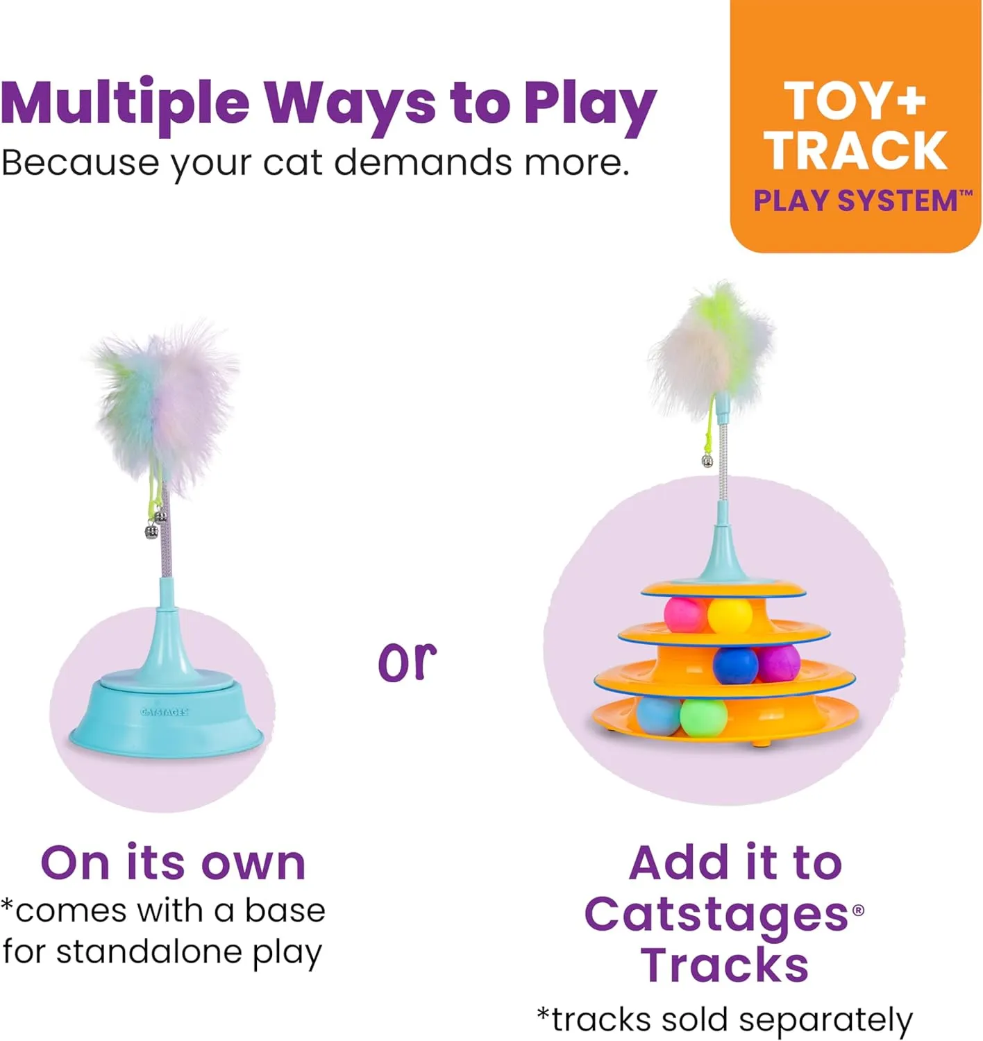 Catstages 2-in-1 Spring Teaser Cat Toy  Bouncy Interactive Cat Ball Track Add-On with Feathers & Bells, Blue