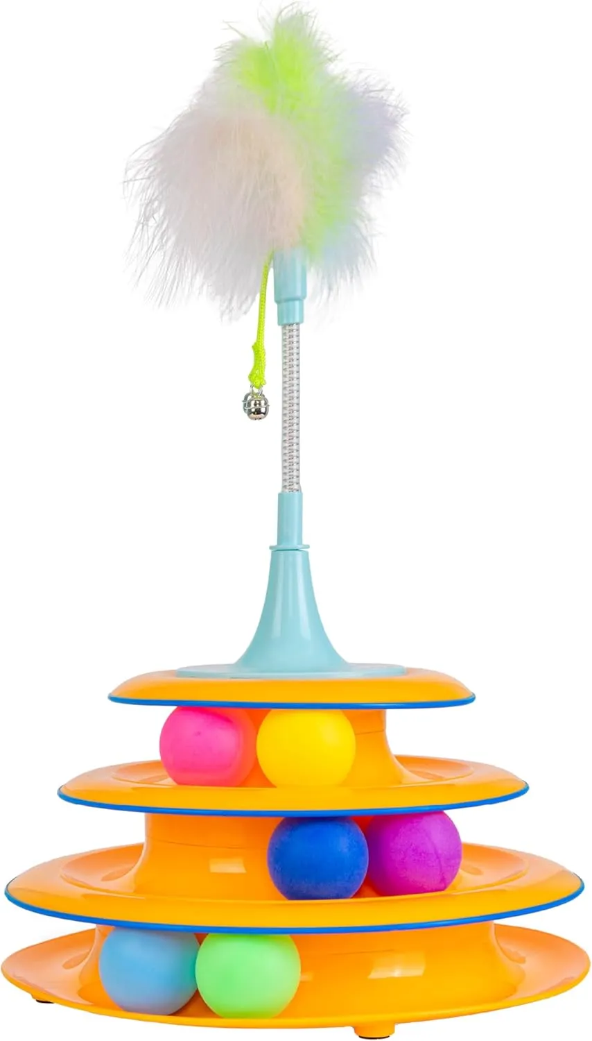Catstages 2-in-1 Spring Teaser Cat Toy  Bouncy Interactive Cat Ball Track Add-On with Feathers & Bells, Blue