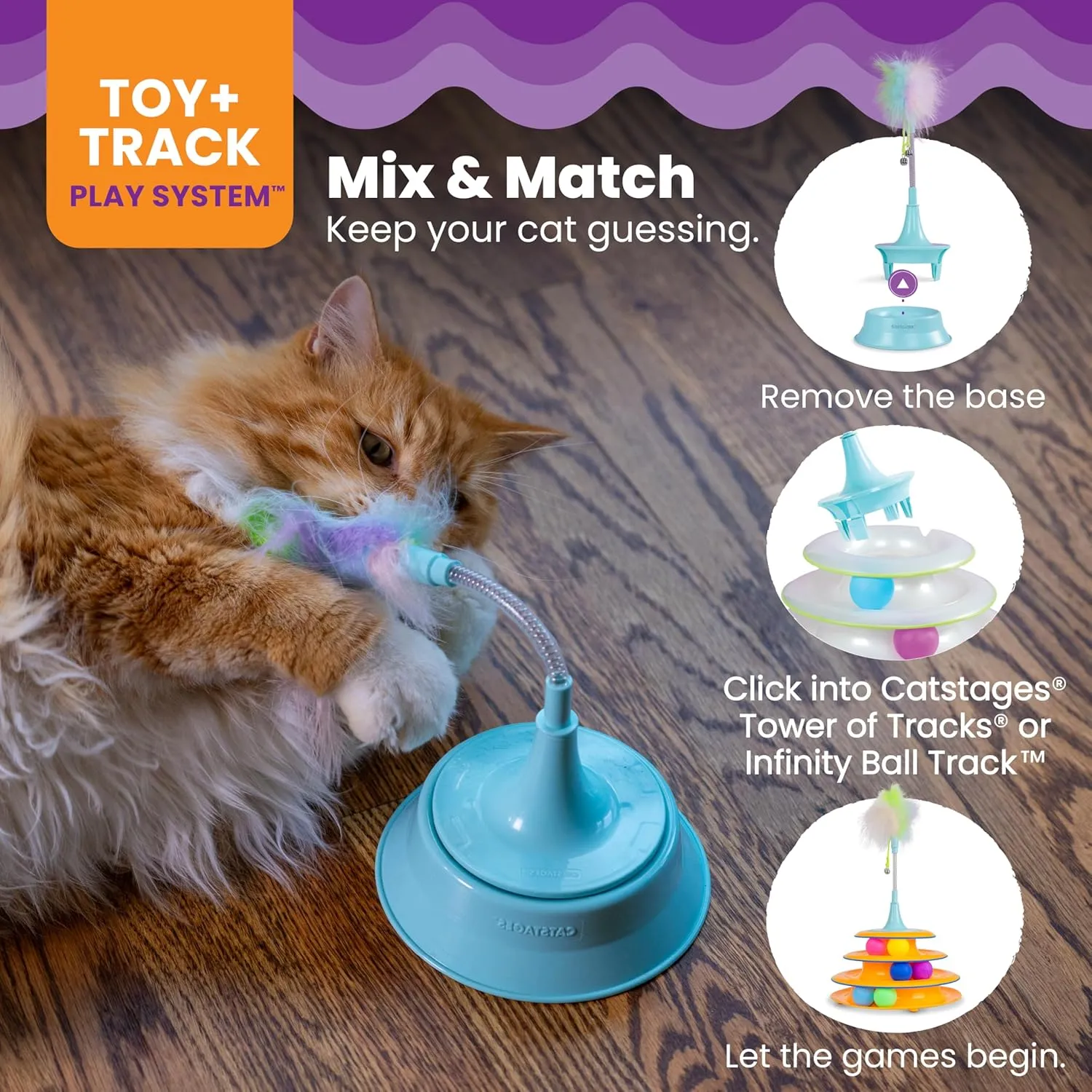 Catstages 2-in-1 Spring Teaser Cat Toy  Bouncy Interactive Cat Ball Track Add-On with Feathers & Bells, Blue