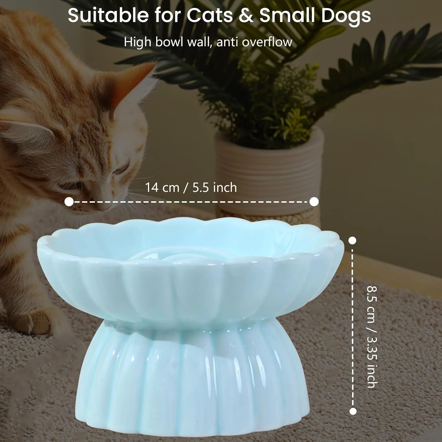 Ceramic Elevated Slow Feeder Cat and Small Dog Bowl,Anti Vomiting,Easy to Clean,Spill-Proof & Anti-Tipping Raised Pet Bowl for Food (Green)