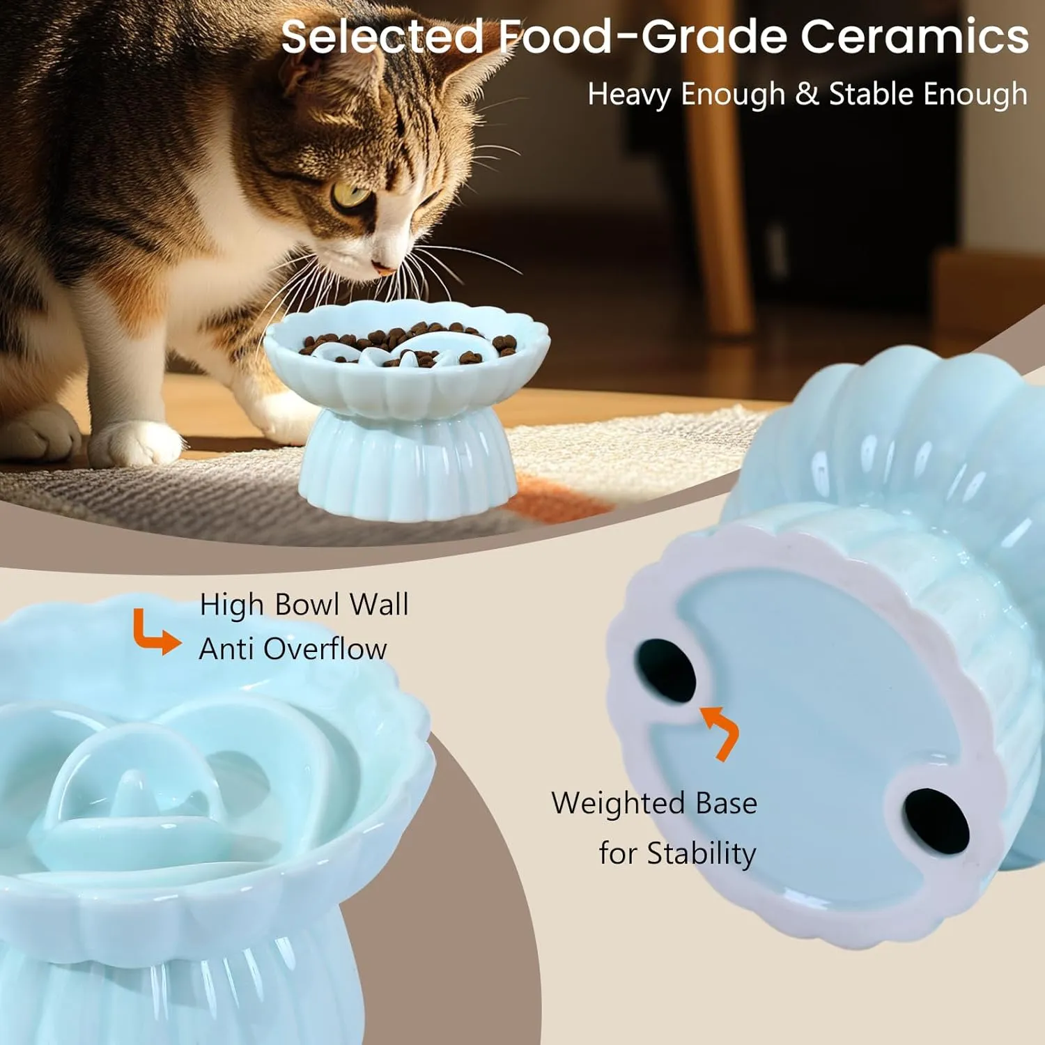 Ceramic Elevated Slow Feeder Cat and Small Dog Bowl,Anti Vomiting,Easy to Clean,Spill-Proof & Anti-Tipping Raised Pet Bowl for Food (Green)