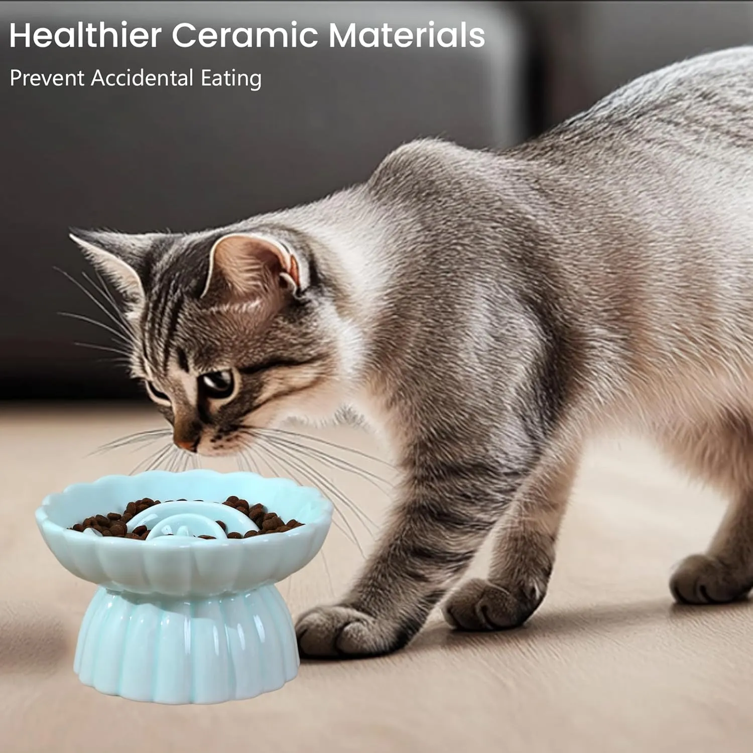 Ceramic Elevated Slow Feeder Cat and Small Dog Bowl,Anti Vomiting,Easy to Clean,Spill-Proof & Anti-Tipping Raised Pet Bowl for Food (Green)