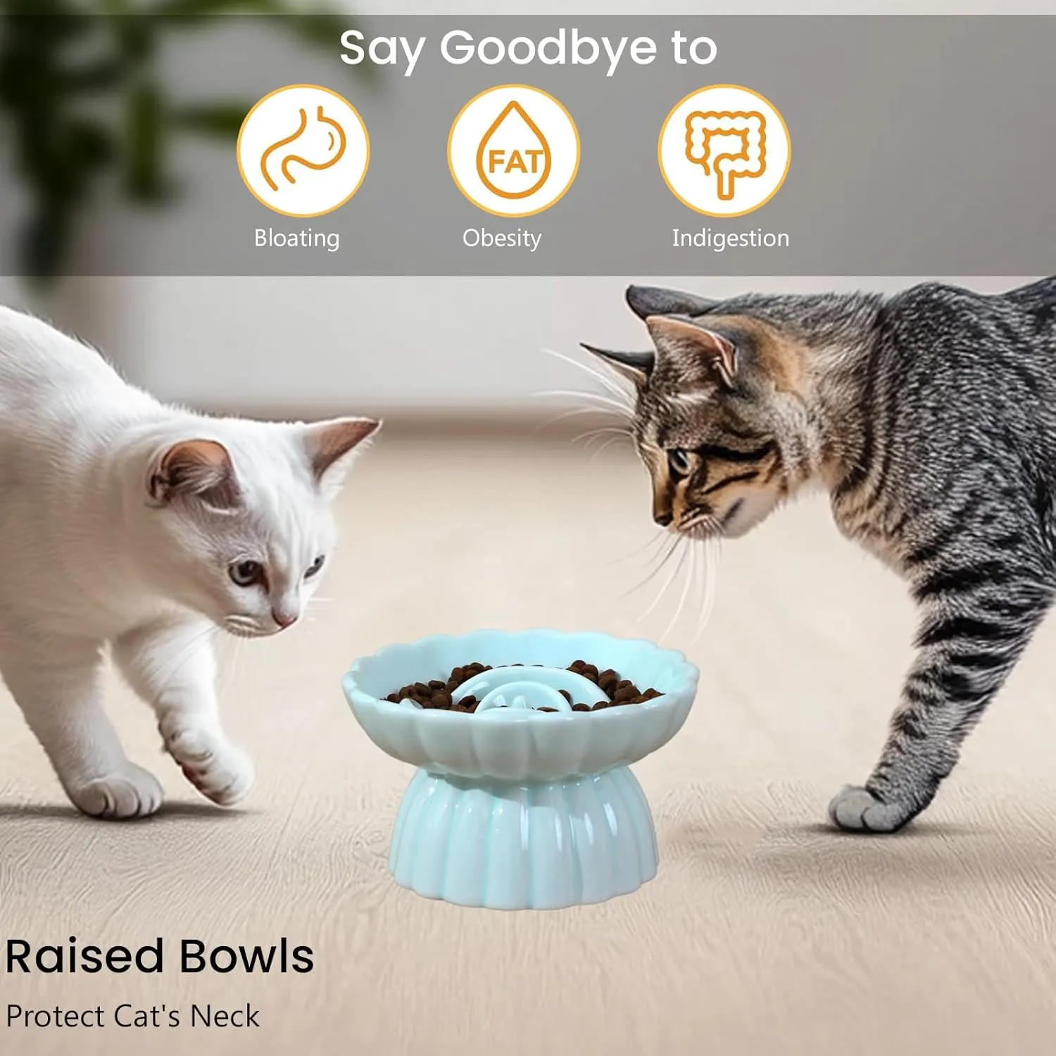 Ceramic Elevated Slow Feeder Cat and Small Dog Bowl,Anti Vomiting,Easy to Clean,Spill-Proof & Anti-Tipping Raised Pet Bowl for Food (Green)