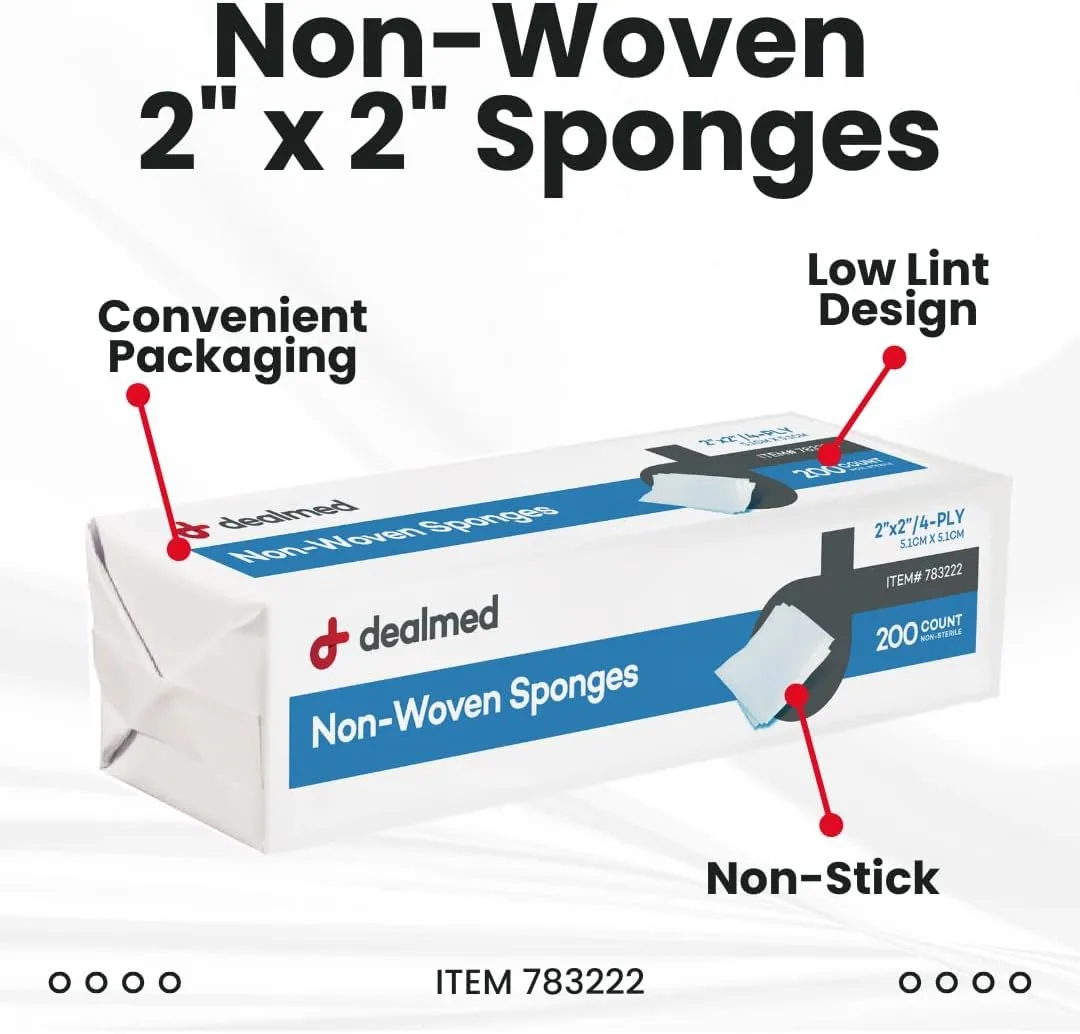 Dealmed 2" x 2" Non-Woven Gauze Sponges (200 Count) 4-Ply All-Purpose Non-Sterile Absorbent Dental Gauze Wound Care Product for First Aid Kit/Medical Facilities (Pack of 1)