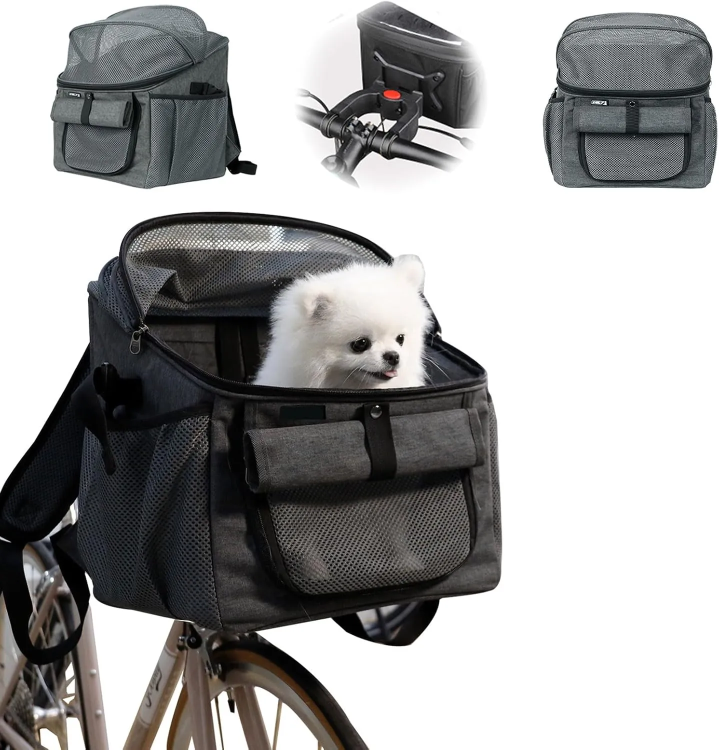 Dog Bike Basket, Soft-Sided Dog Bike Carrier Backpack, Cat Bicycle Basket, Multifunctional Pet Bike Basket Detachable Adjustable Single Shoulder Strap, Foldable Pet Travel Bag for Small Cats and Dogs