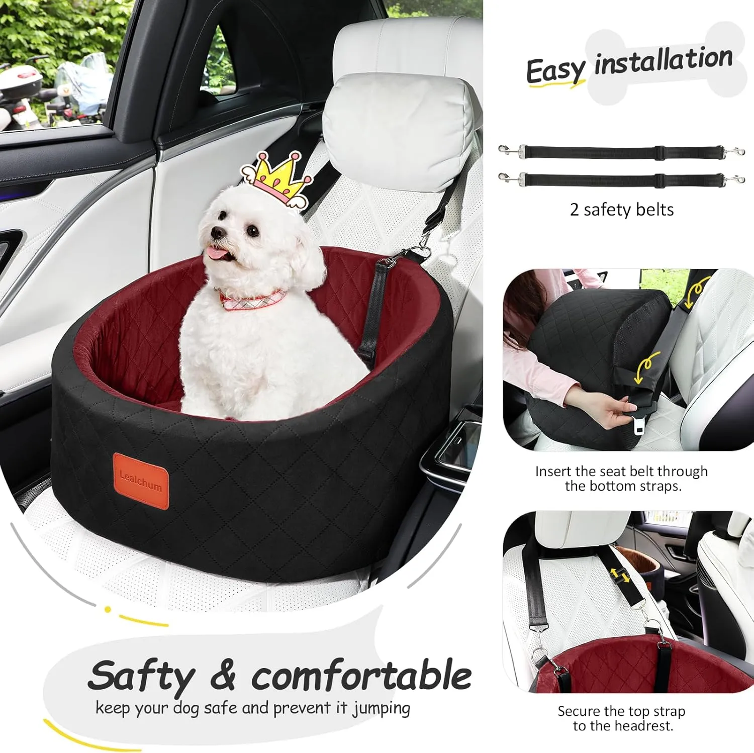 Dog Car Seat for Small Dogs,Comfy Pet Travel Car Bed with 2 Clip-On Leashes,Fully Removable & Washable,Non-Slip Base with Seatbelt Channle,Easy to Install (Black/Red, Small)